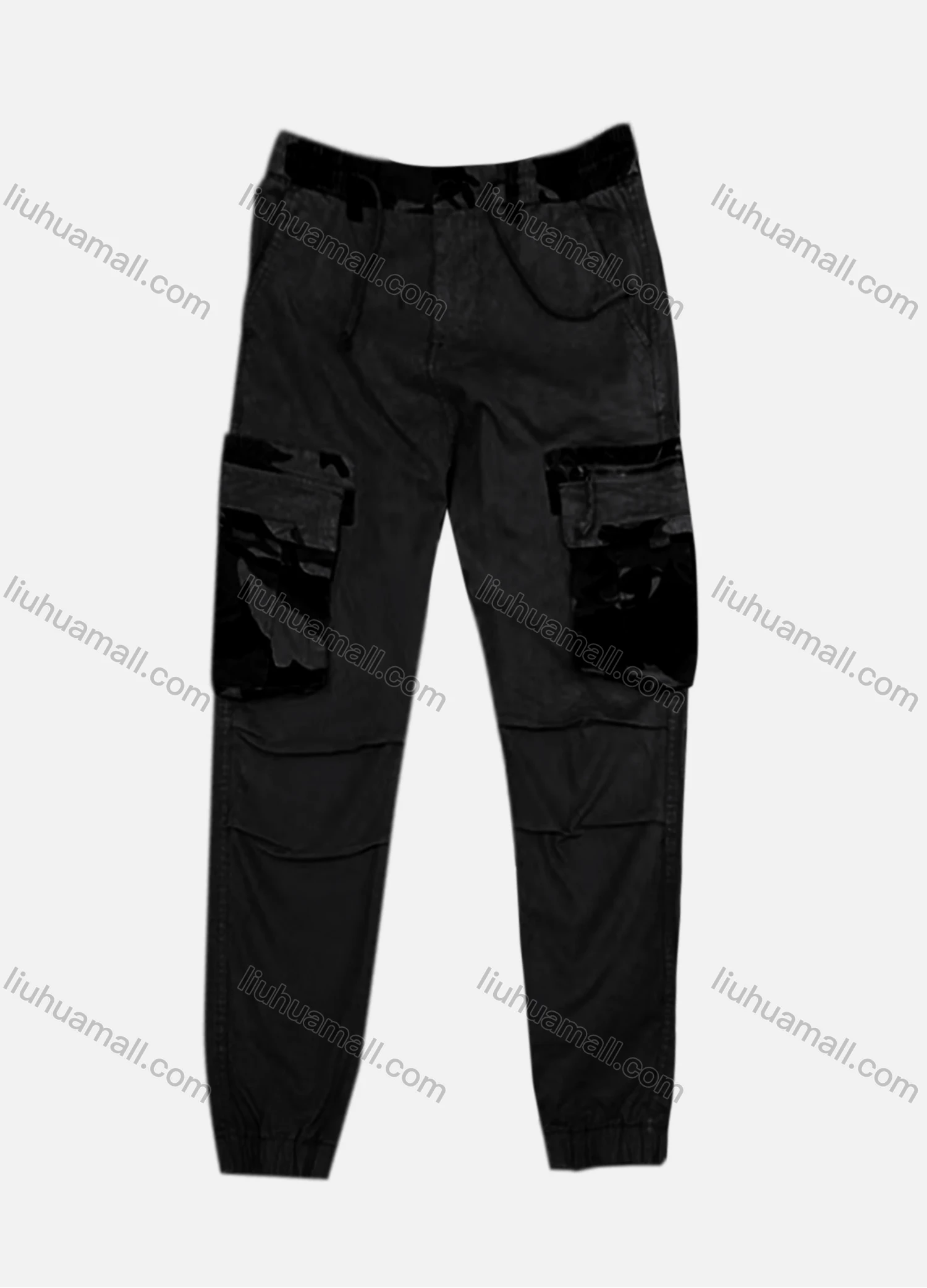 Wholesale Men's Casual Flap Pockets Drawstring Plain Splicing Camouflage Pleated Cargo Pant AK7378# - Liuhuamall