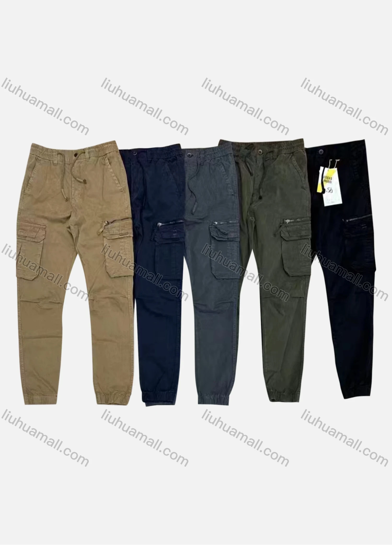 Wholesale Men's Casual Zipper Flap Pockets Drawstring Plain Cargo Pant AK7380# - Liuhuamall