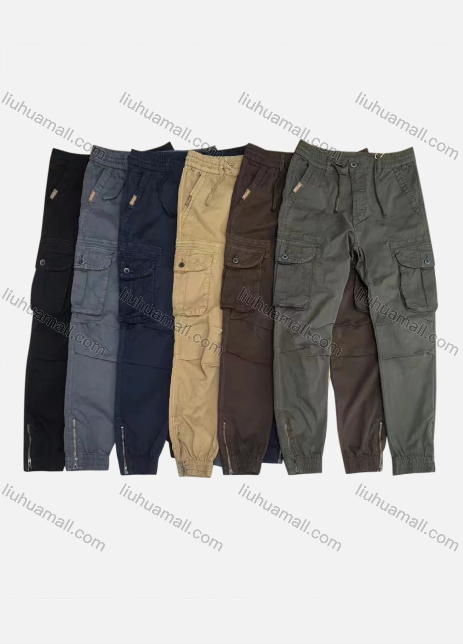 Wholesale Men's Casual Flap Pockets Drawstring Plain Pleated Zipper Hem Cargo Pant AK7383# - Liuhuamall