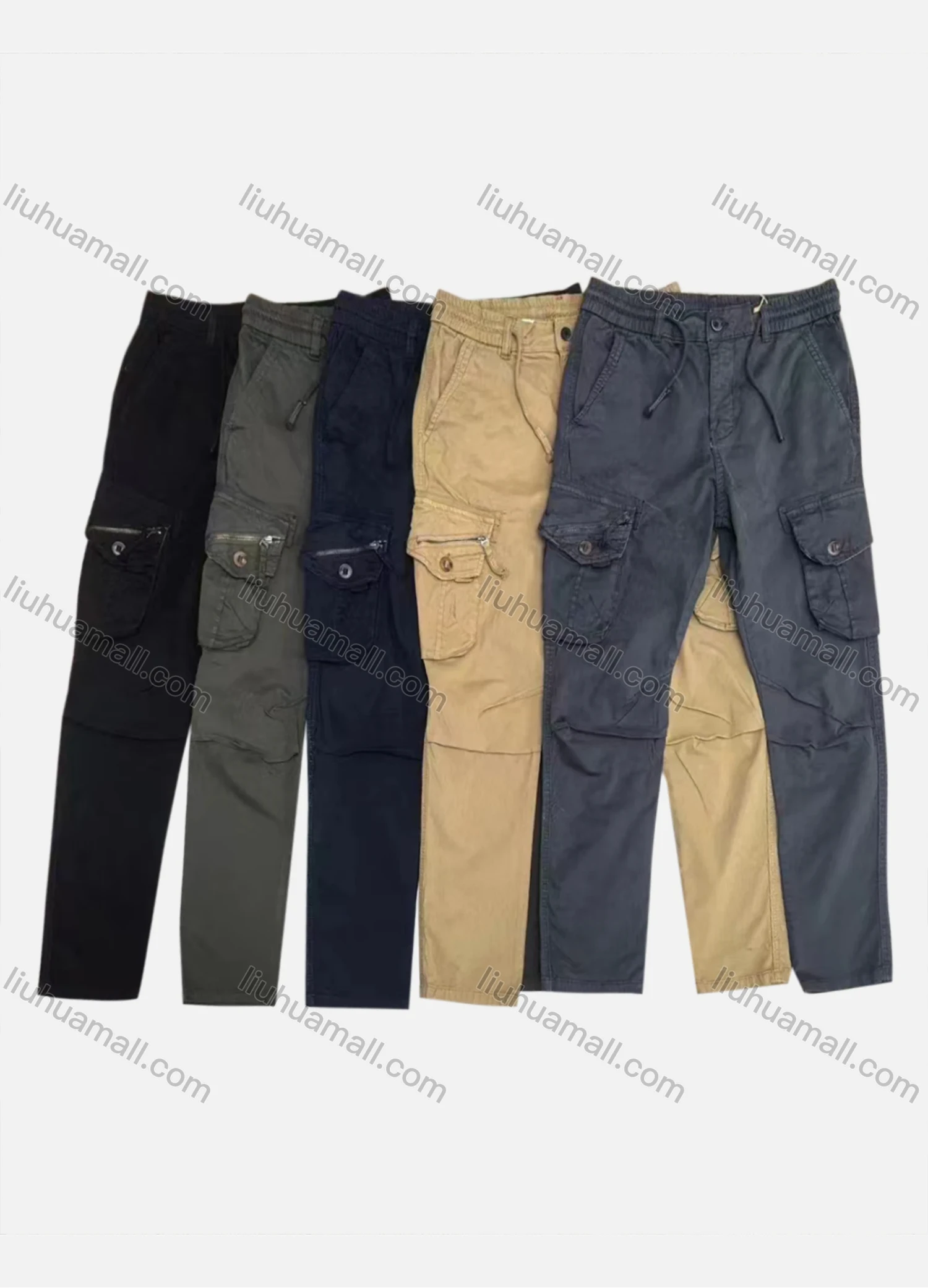 Wholesale Men's Casual Flap Pockets Drawstring Plain Pleated Cargo Pant AK7387# - Liuhuamall