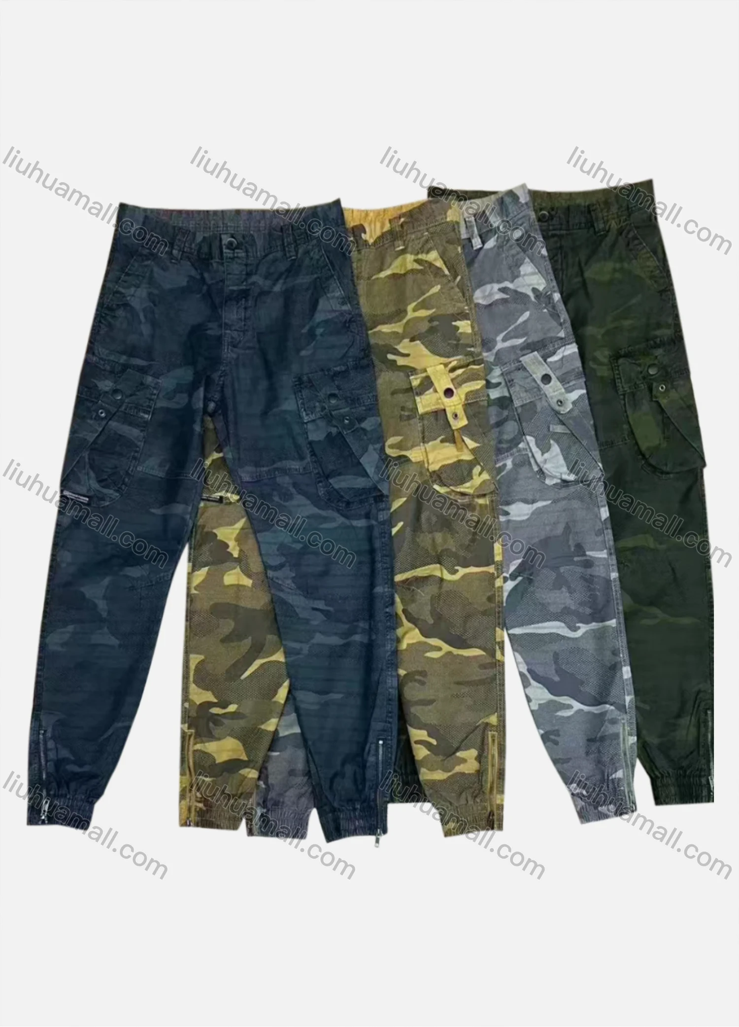 Wholesale Men's Casual Flap Pockets Camouflage Striped Zipper Hem Cargo Pant B7363# - Liuhuamall