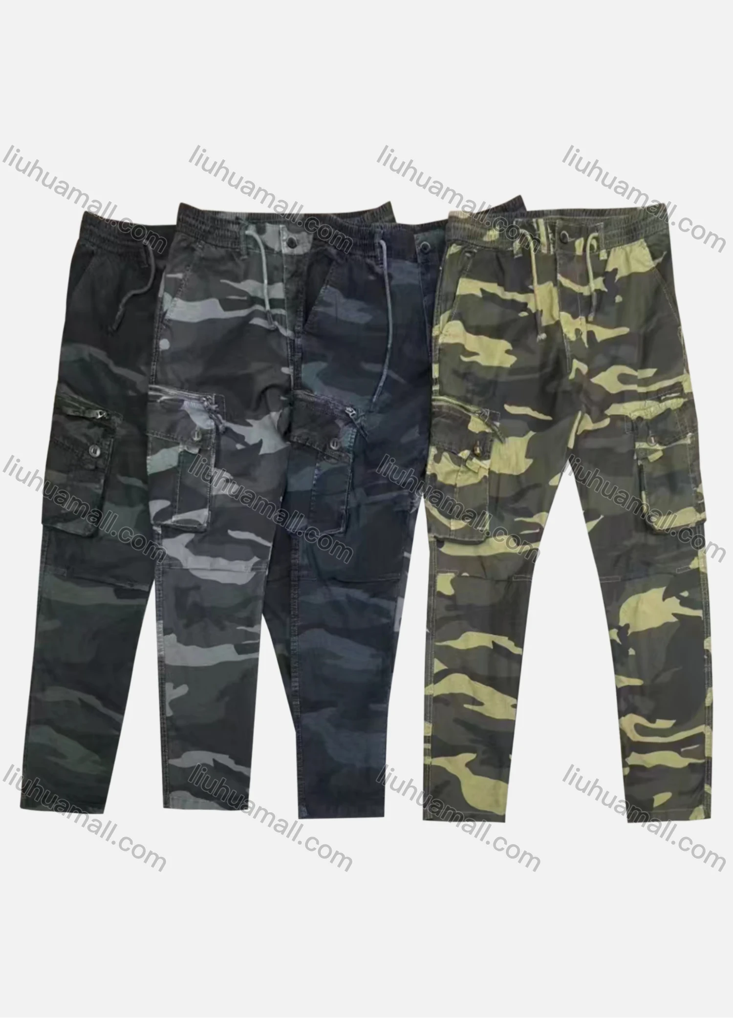 Wholesale Men's Casual Zipper Pockets Drawstring Camouflage Cargo Pant B7386# - Liuhuamall