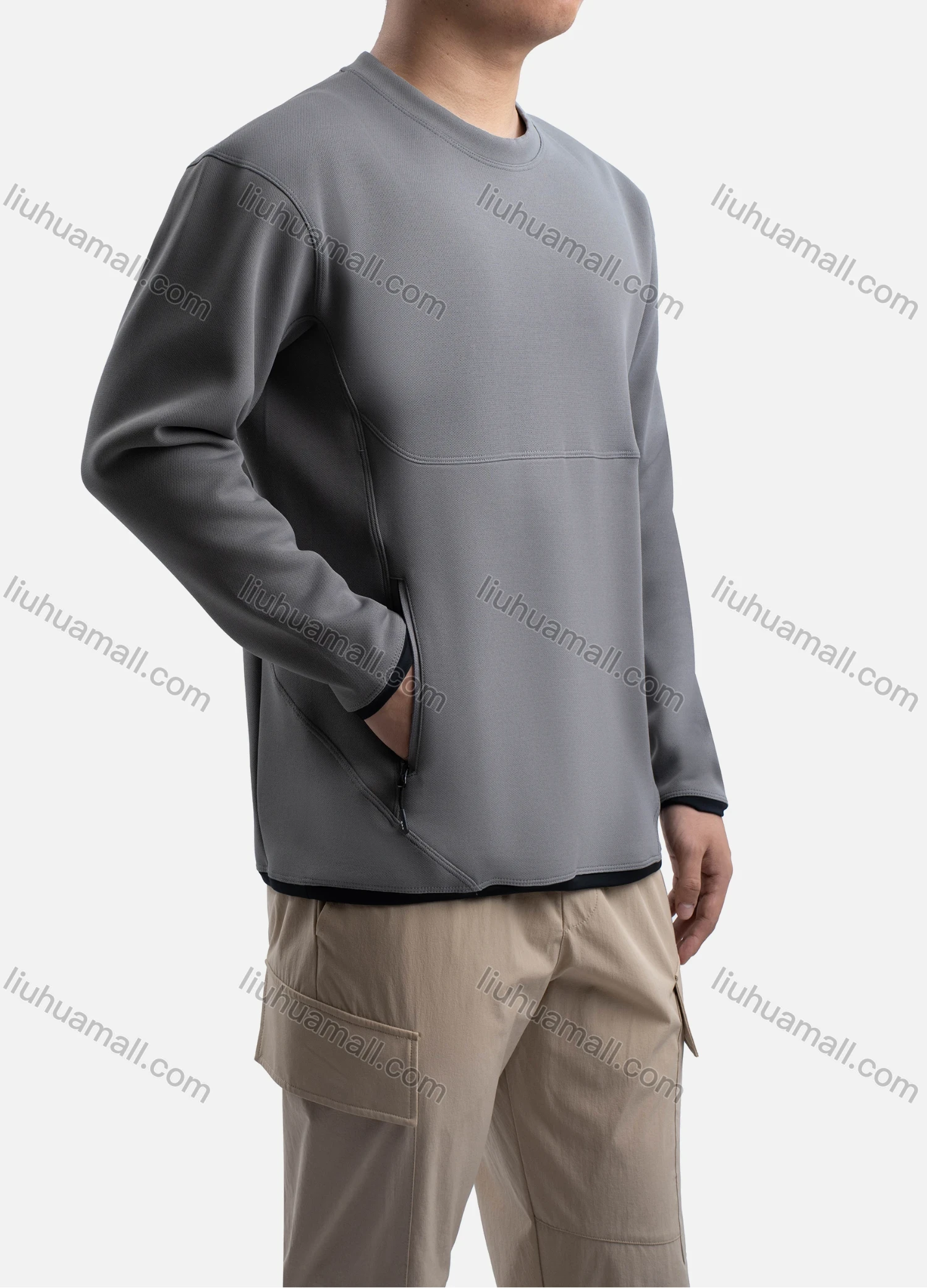 Wholesale Unisex Casual Plain Basics Round Neck Long Sleeve Zipper Pockets Pullover Sweatshirt 51107# - Liuhuamall