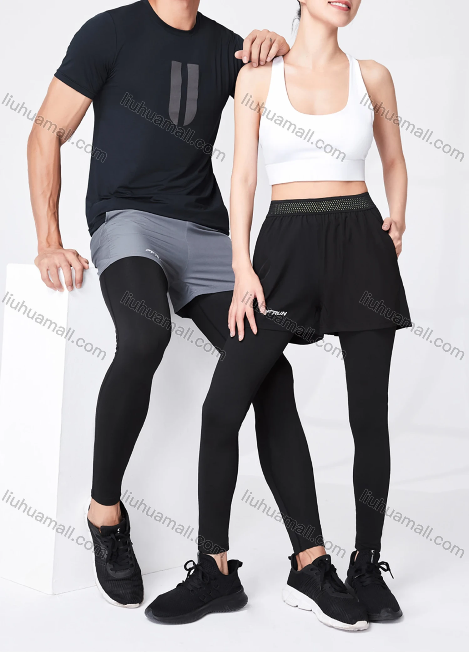 Wholesale Unisex Athletic Workout 2-in-1 Plain Patch Pocket Splicing Pin Dot Elastic Waist Shorts 52101# - Liuhuamall