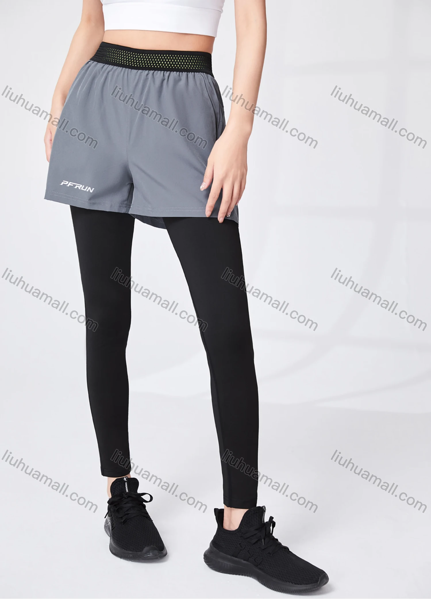 Wholesale Unisex Athletic Workout 2-in-1 Plain Patch Pocket Splicing Pin Dot Elastic Waist Shorts 52101# - Liuhuamall