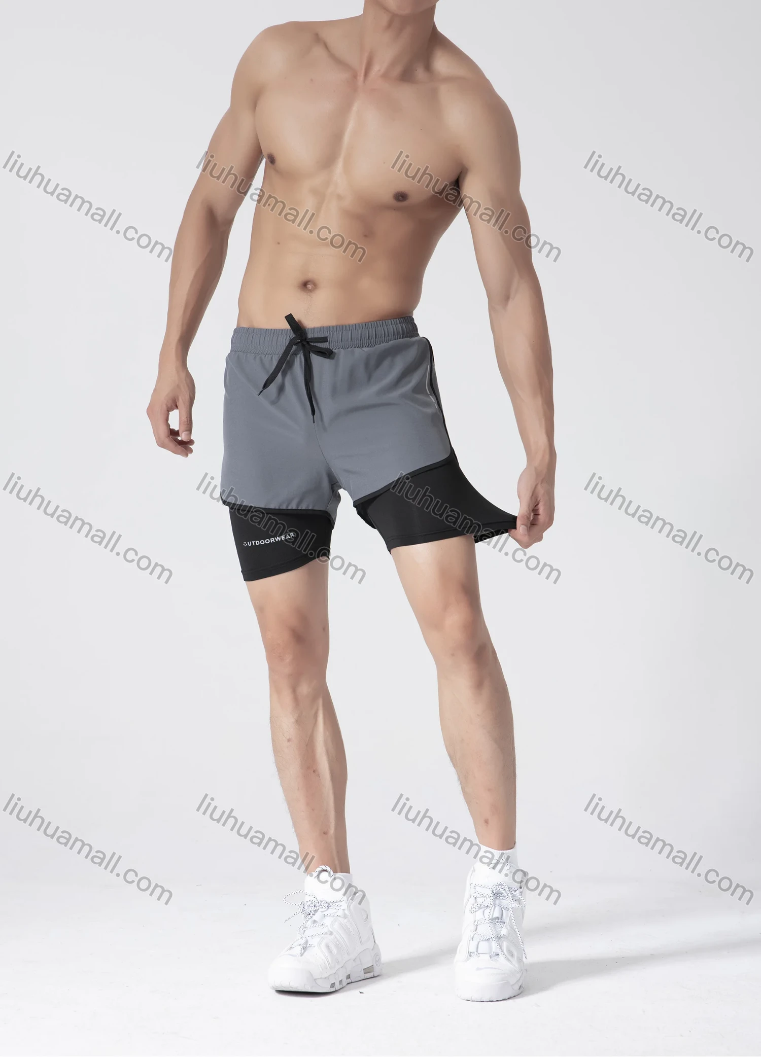Wholesale Men's Athletic Workout 2-in-1 Plain Drawstring Elastic Waist Shorts 62201# - Liuhuamall