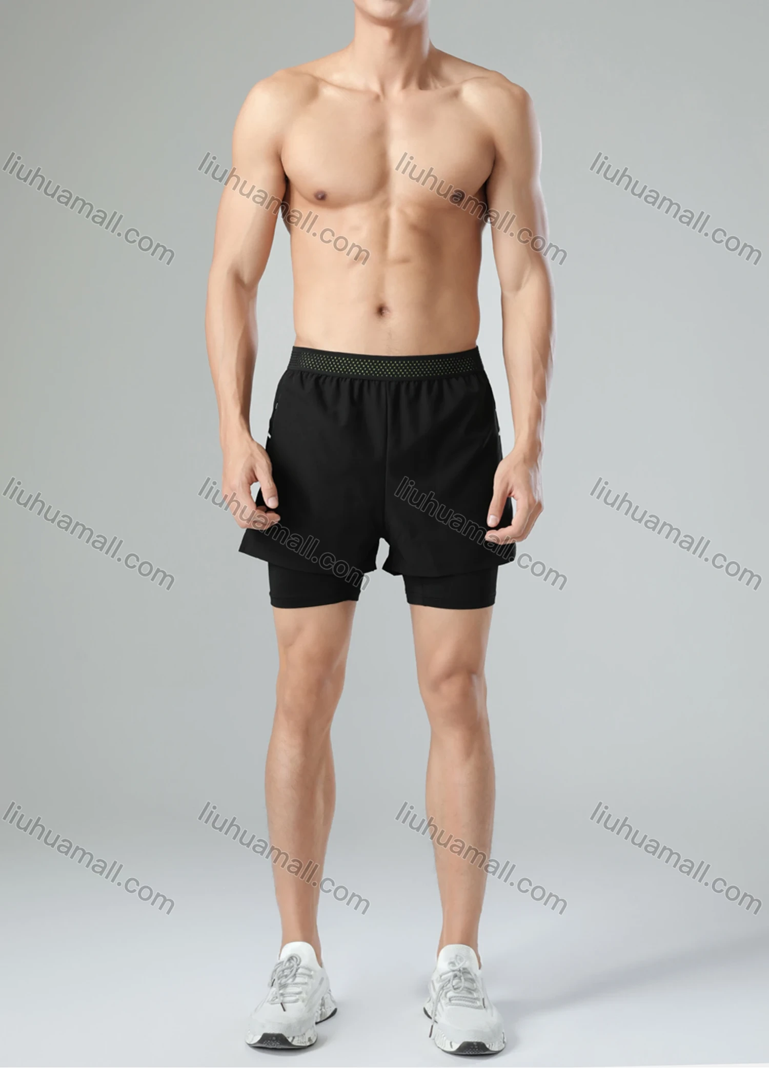 Wholesale Men's Athletic Workout 2-in-1 Plain Patch Pocket Split Side Elastic Waist Shorts 62203# - Liuhuamall