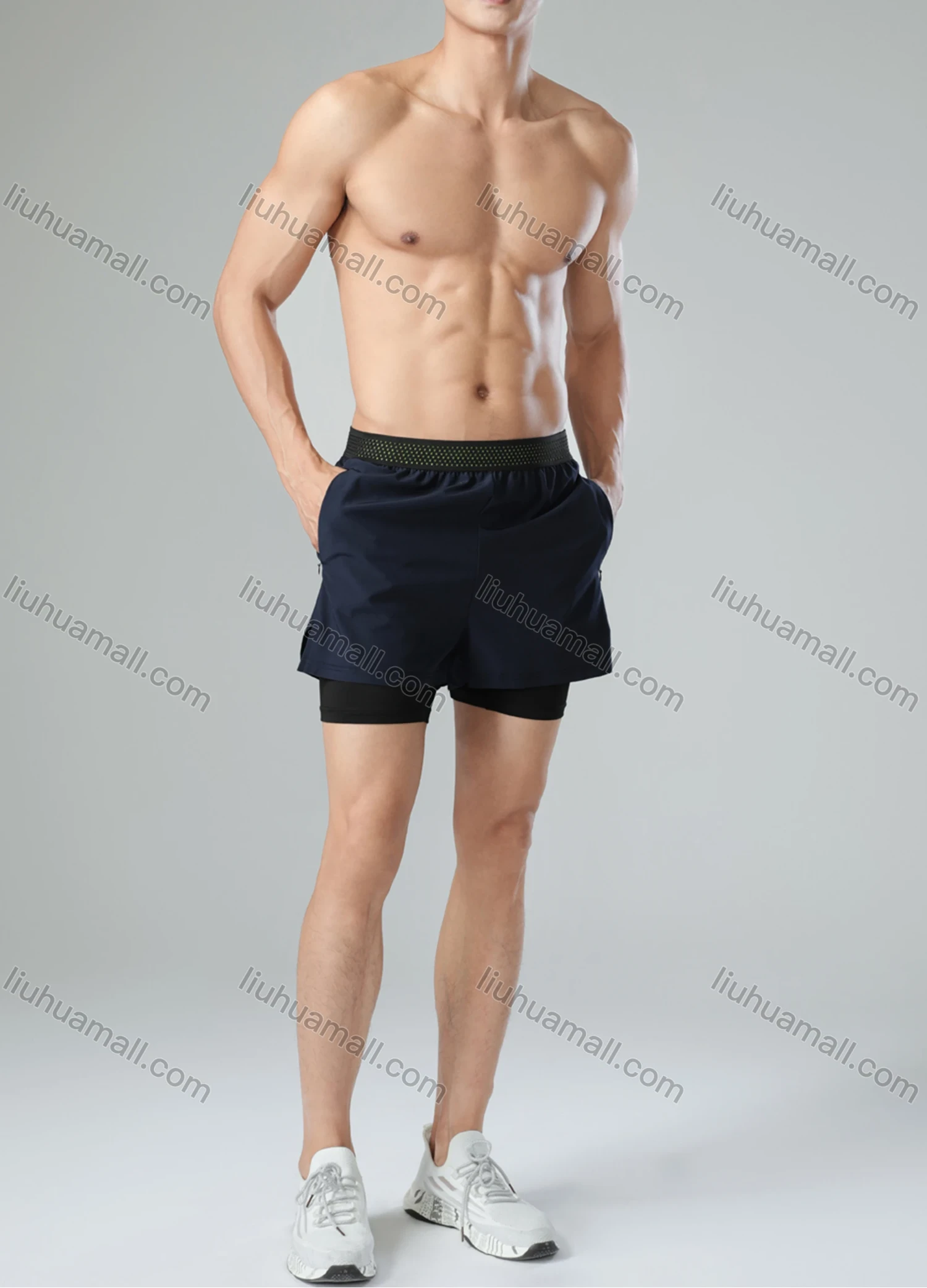 Wholesale Men's Athletic Workout 2-in-1 Plain Patch Pocket Split Side Elastic Waist Shorts 62203# - Liuhuamall