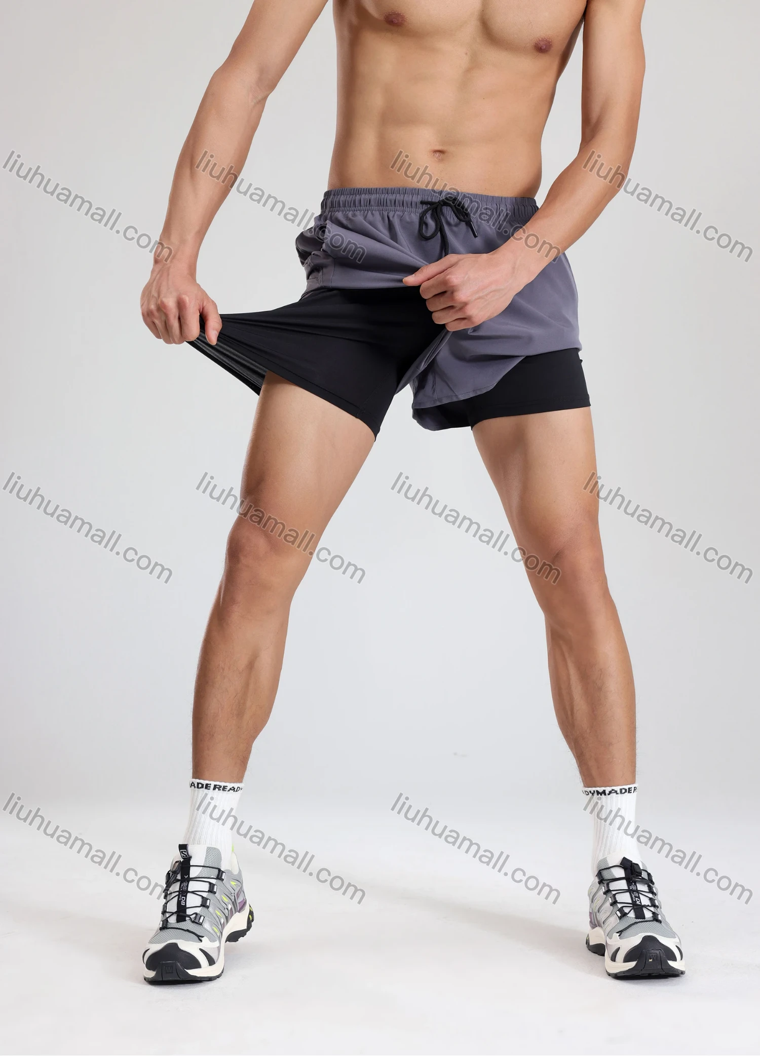 Wholesale Men's Athletic Workout 2-in-1 Plain Zipper Pocket Drawstring Elastic Waist Shorts 62225# - Liuhuamall