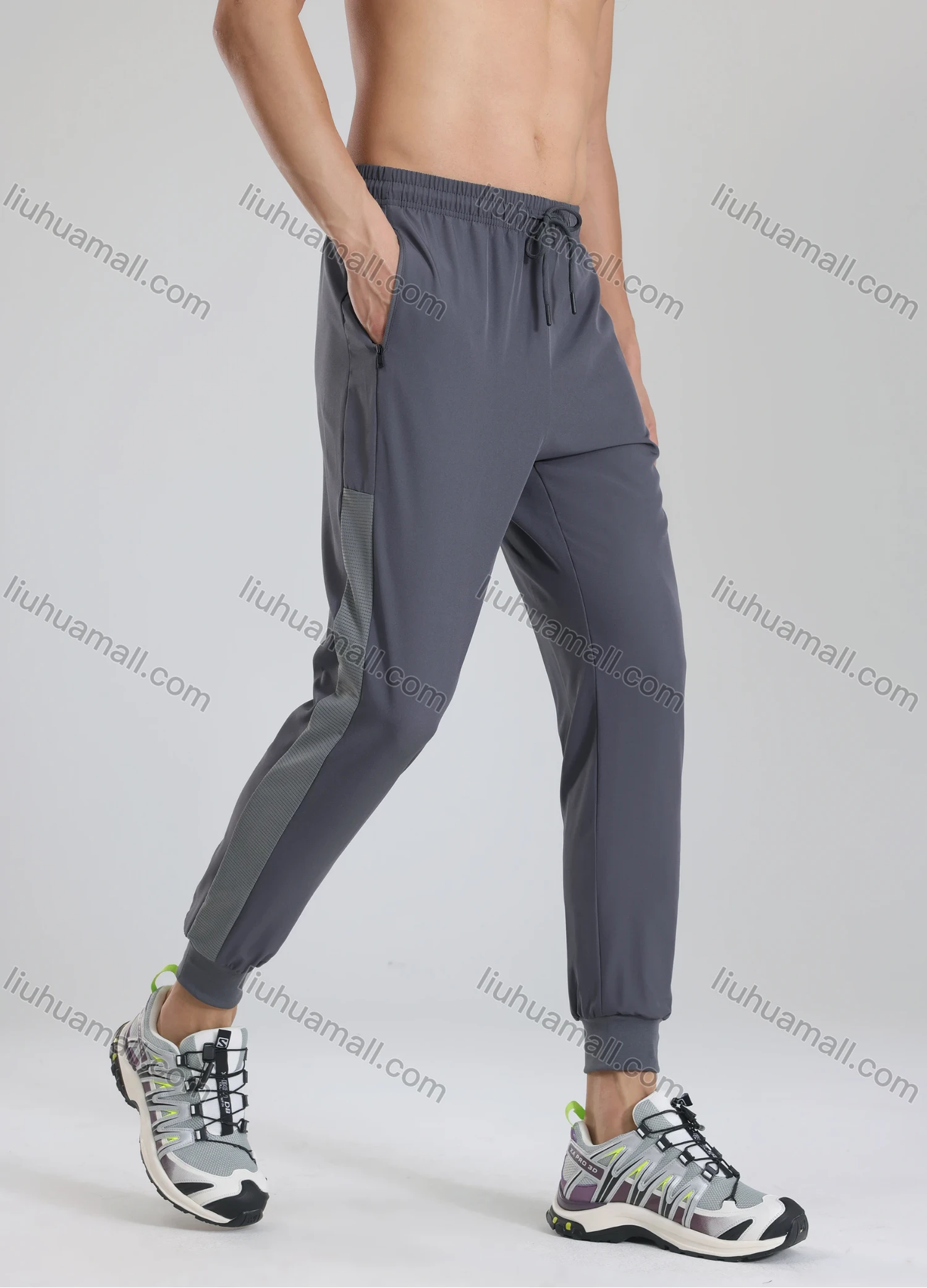 Wholesale Men's Athletic Plain Workout Mesh Splicing Elastic Waist Zipper Pockets Drawstring Pants 62341# - Liuhuamall
