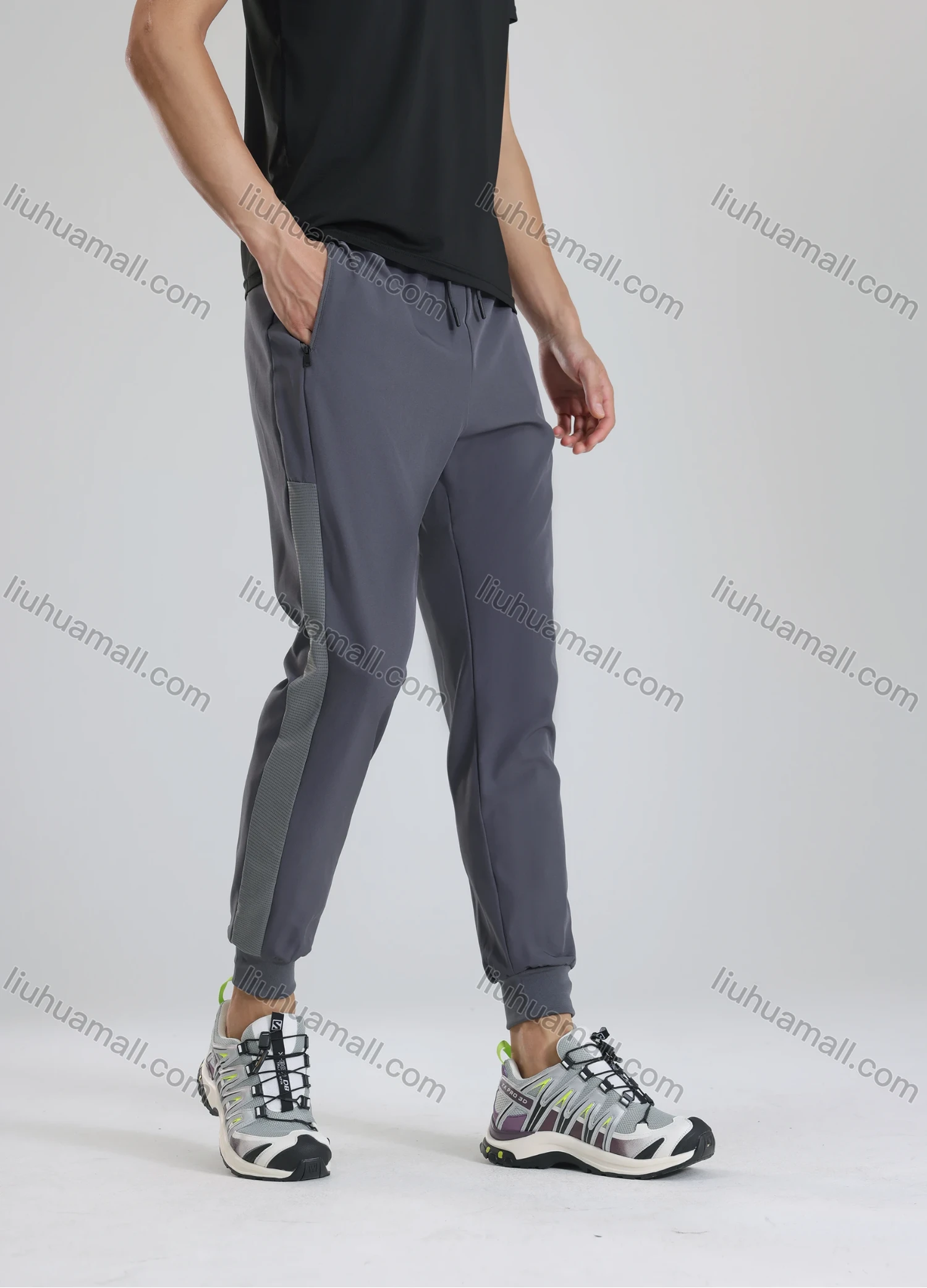 Wholesale Men's Athletic Plain Workout Mesh Splicing Elastic Waist Zipper Pockets Drawstring Pants 62341# - Liuhuamall