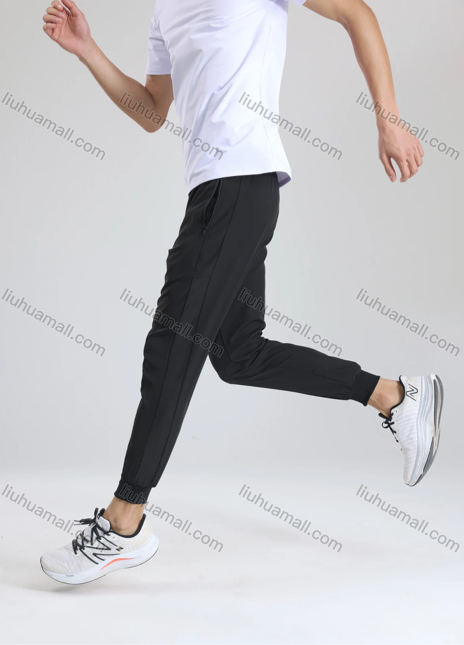 Wholesale Men's Athletic Plain Workout Mesh Splicing Elastic Waist Zipper Pockets Drawstring Pants 62341# - Liuhuamall