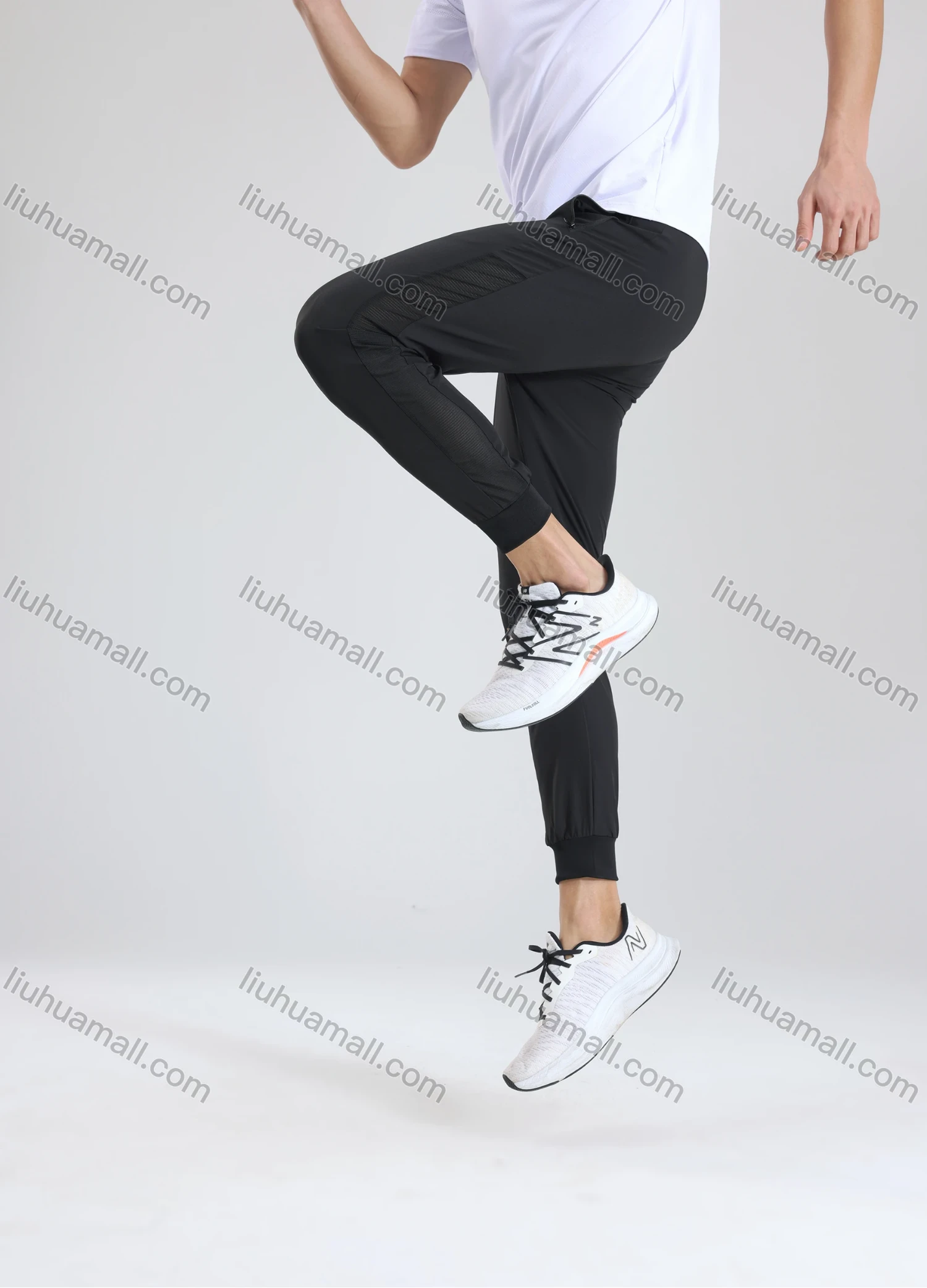 Wholesale Men's Athletic Plain Workout Mesh Splicing Elastic Waist Zipper Pockets Drawstring Pants 62341# - Liuhuamall