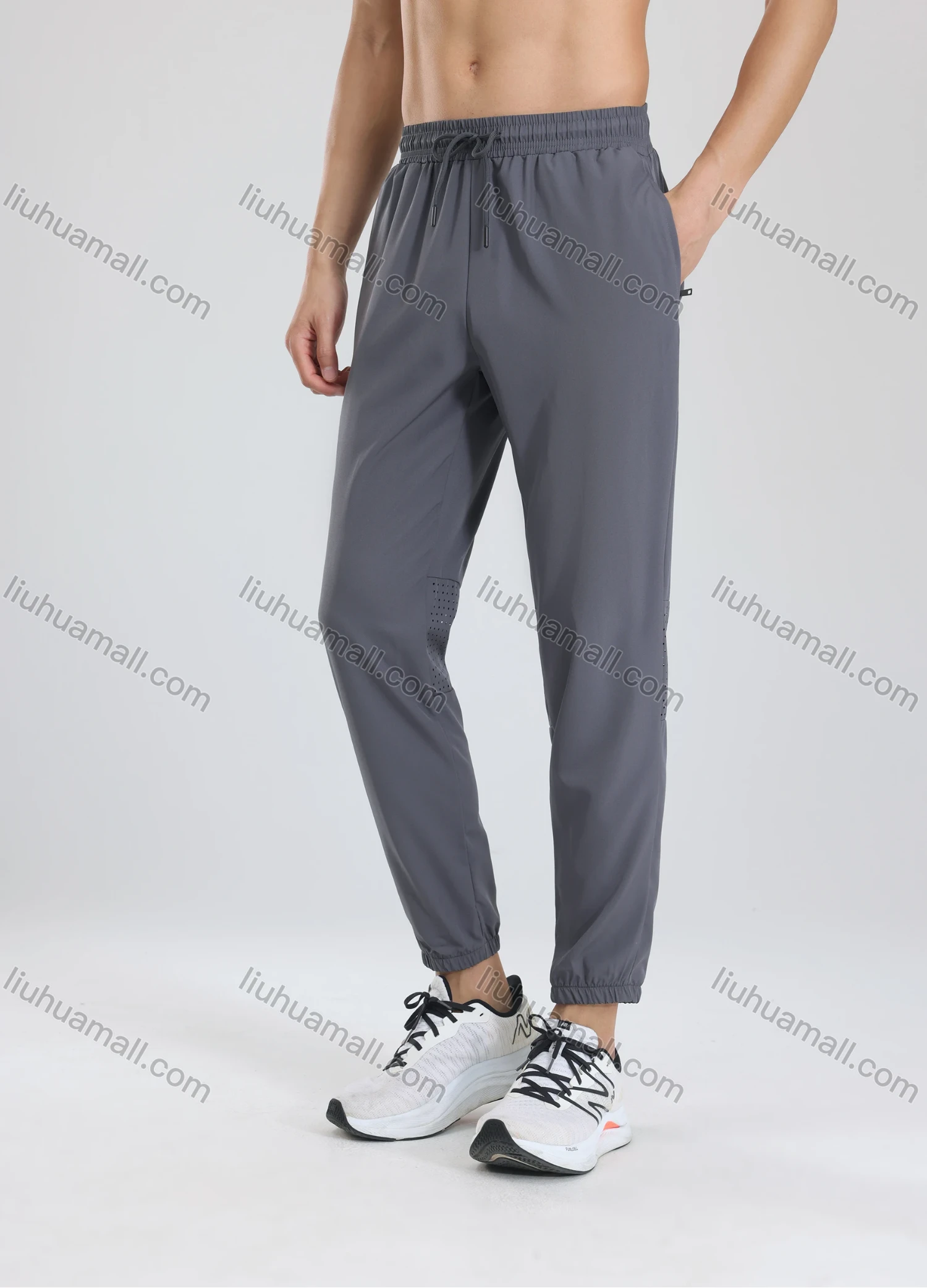 Wholesale Men's Athletic Plain Workout Elastic Waist Drawstring Zipper Pockets Pants 62339# - Liuhuamall
