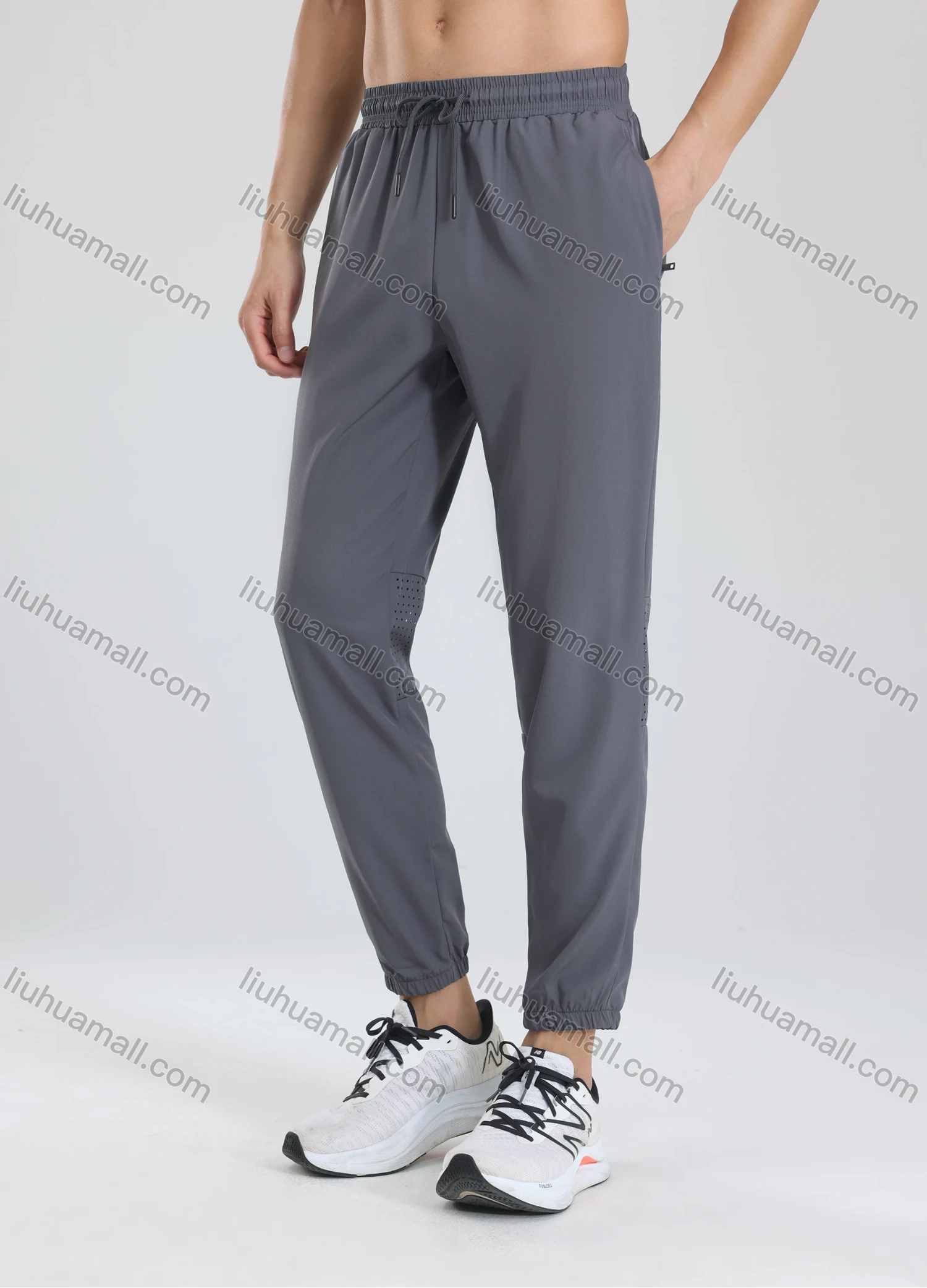 Wholesale Men's Athletic Plain Workout Elastic Waist Drawstring Zipper Pockets Pants 62339# - Liuhuamall