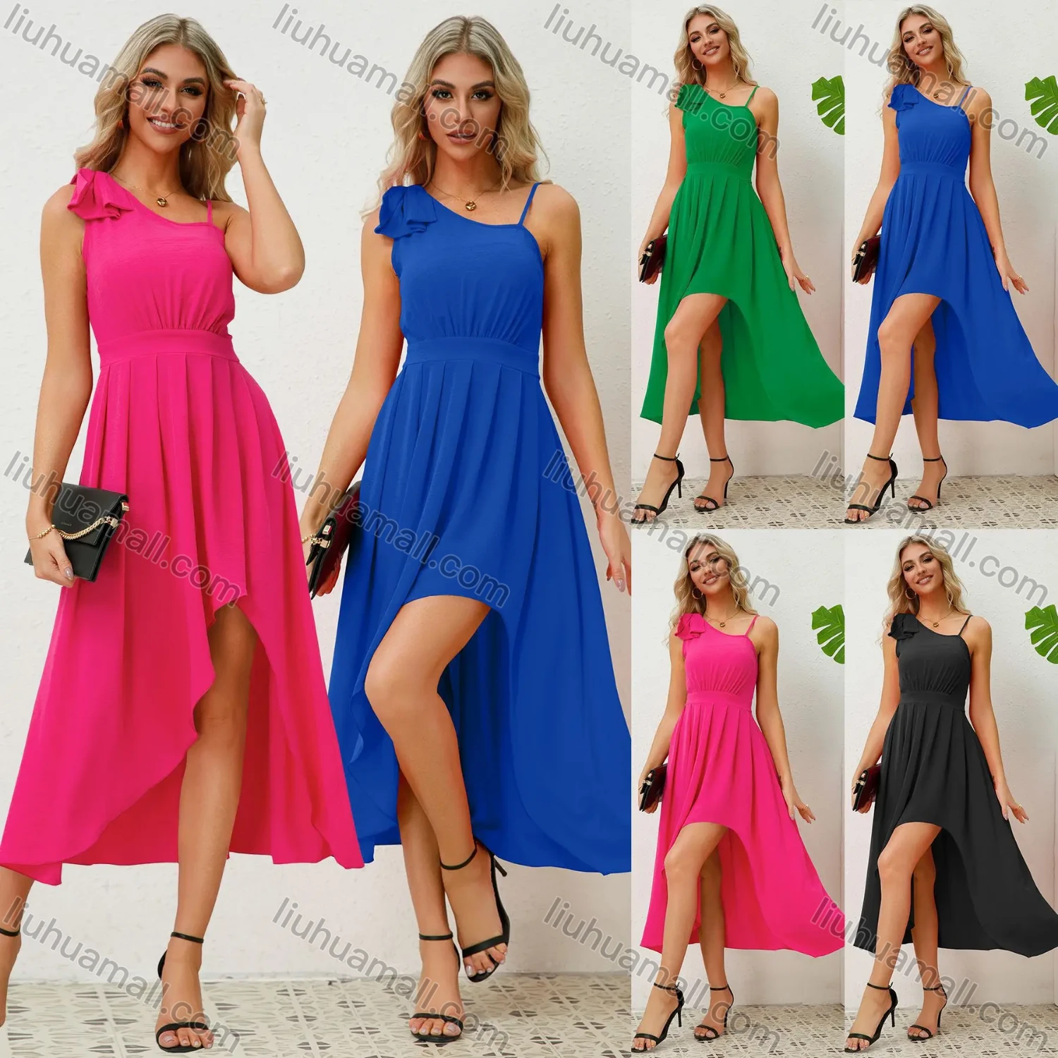 Wholesale Women's Elegant Plain Asymmetrical Neck Bow Knot Decor Ruched Pleated High Low Hem Midi Dress - Liuhuamall
