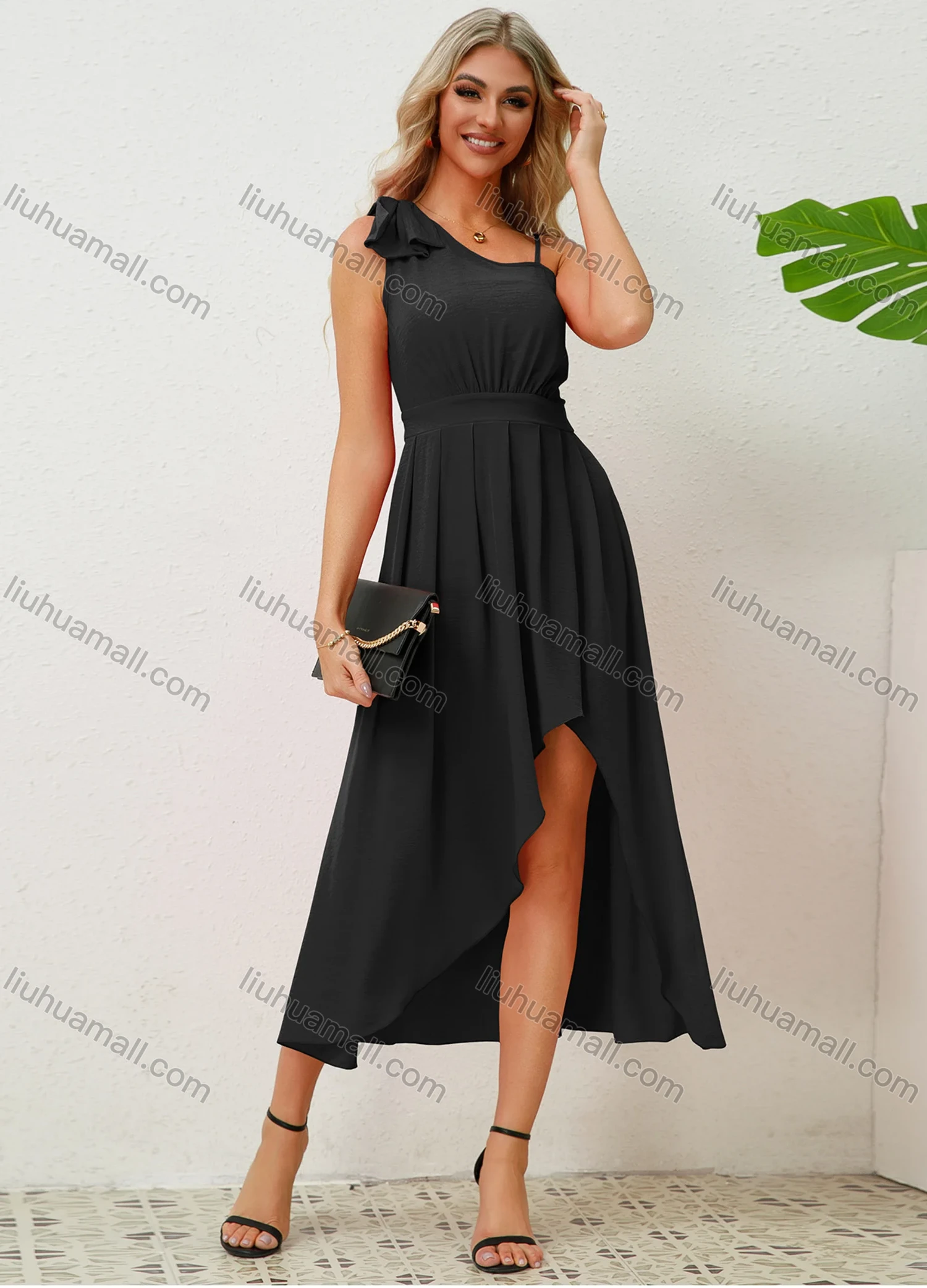 Wholesale Women's Elegant Plain Asymmetrical Neck Bow Knot Decor Ruched Pleated High Low Hem Midi Dress - Liuhuamall