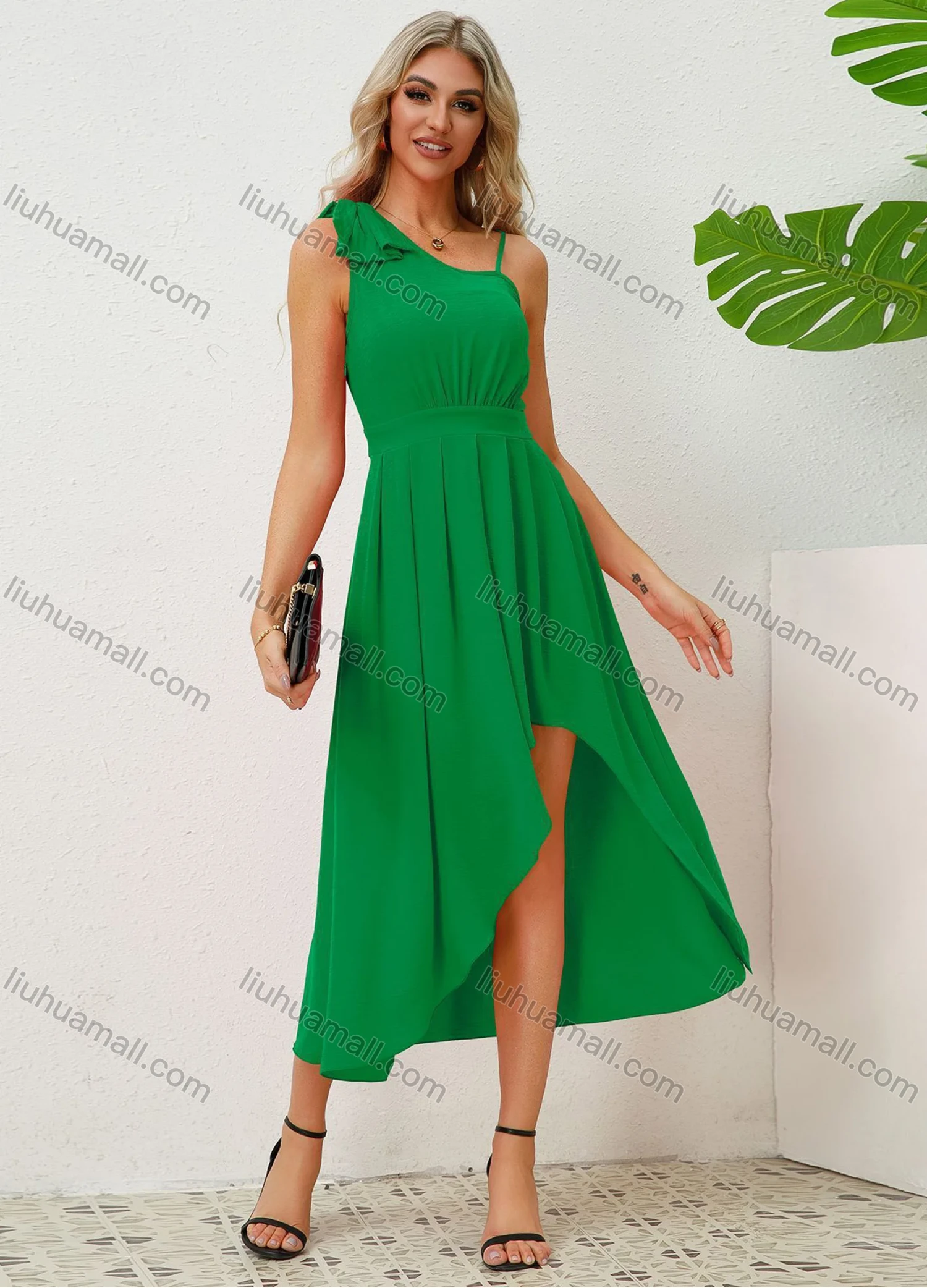 Wholesale Women's Elegant Plain Asymmetrical Neck Bow Knot Decor Ruched Pleated High Low Hem Midi Dress - Liuhuamall