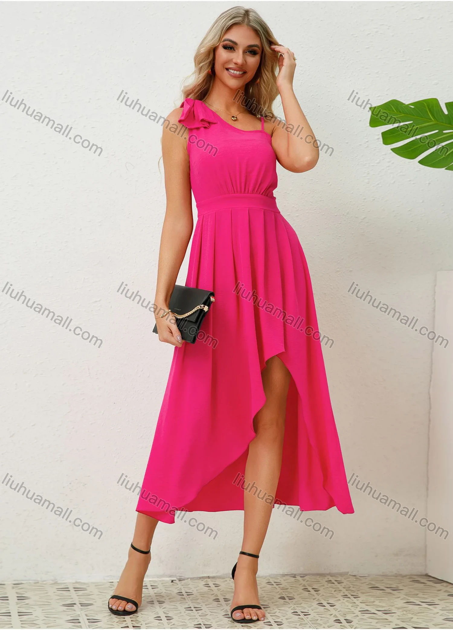 Wholesale Women's Elegant Plain Asymmetrical Neck Bow Knot Decor Ruched Pleated High Low Hem Midi Dress - Liuhuamall