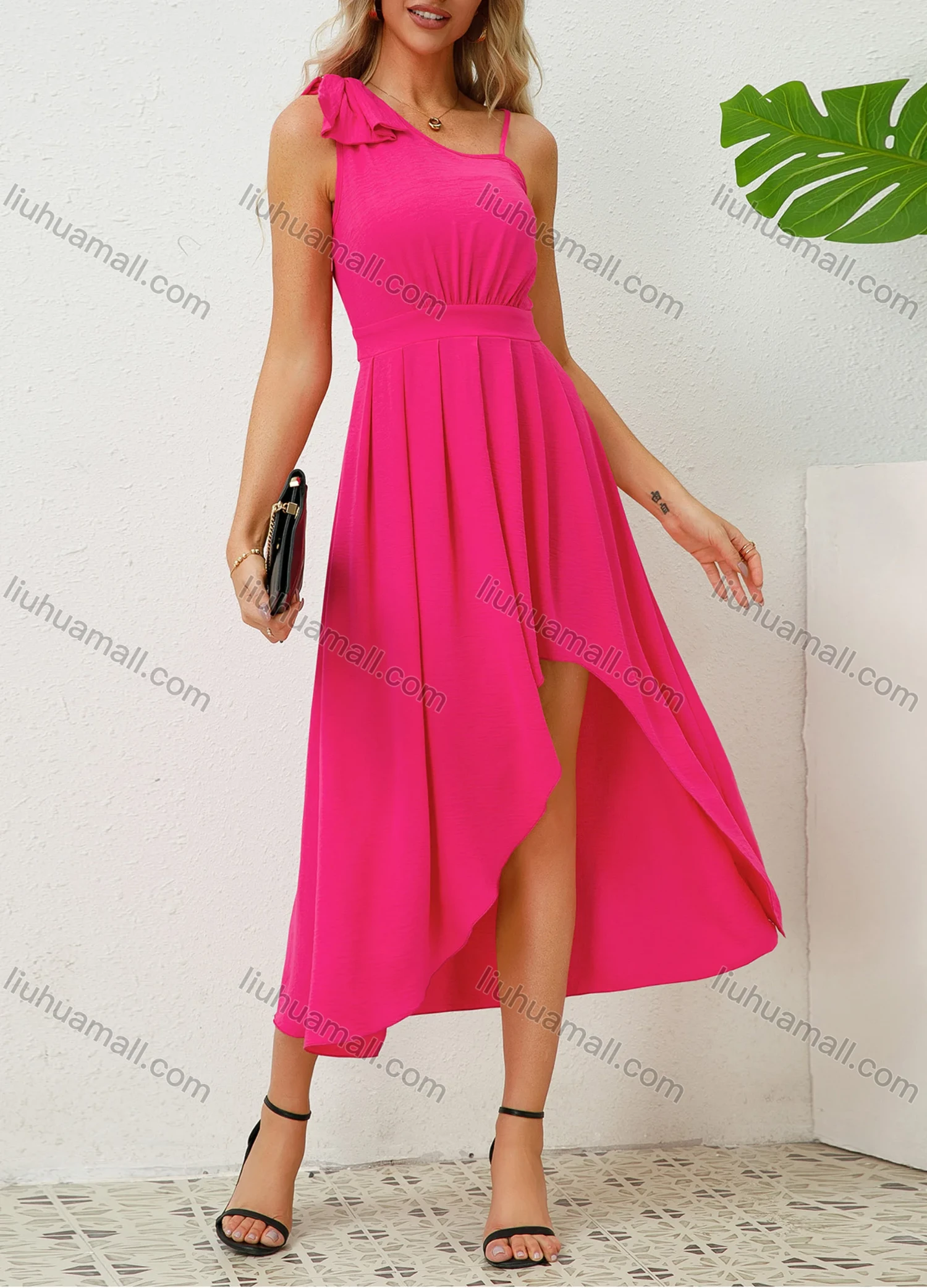 Wholesale Women's Elegant Plain Asymmetrical Neck Bow Knot Decor Ruched Pleated High Low Hem Midi Dress - Liuhuamall