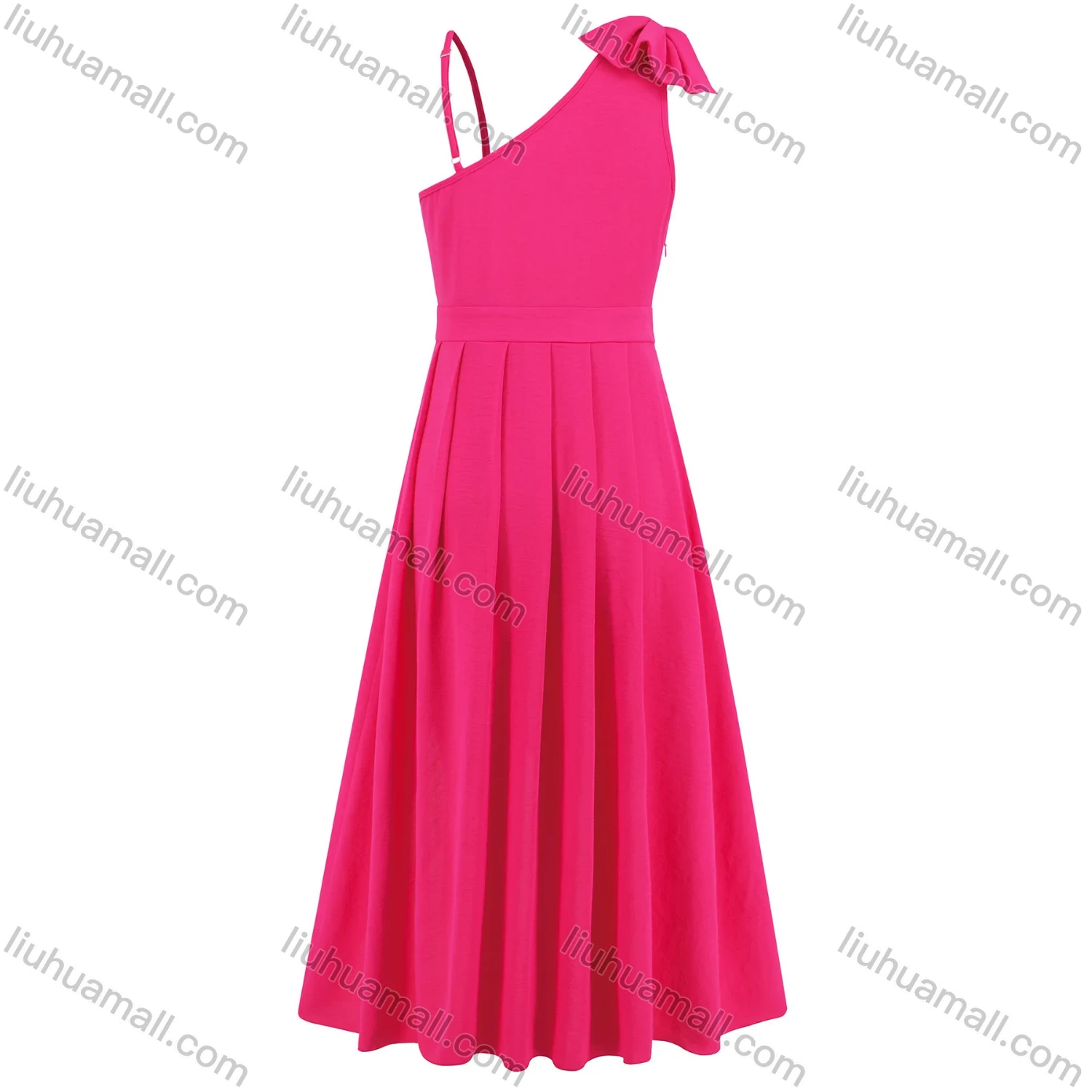 Wholesale Women's Elegant Plain Asymmetrical Neck Bow Knot Decor Ruched Pleated High Low Hem Midi Dress - Liuhuamall