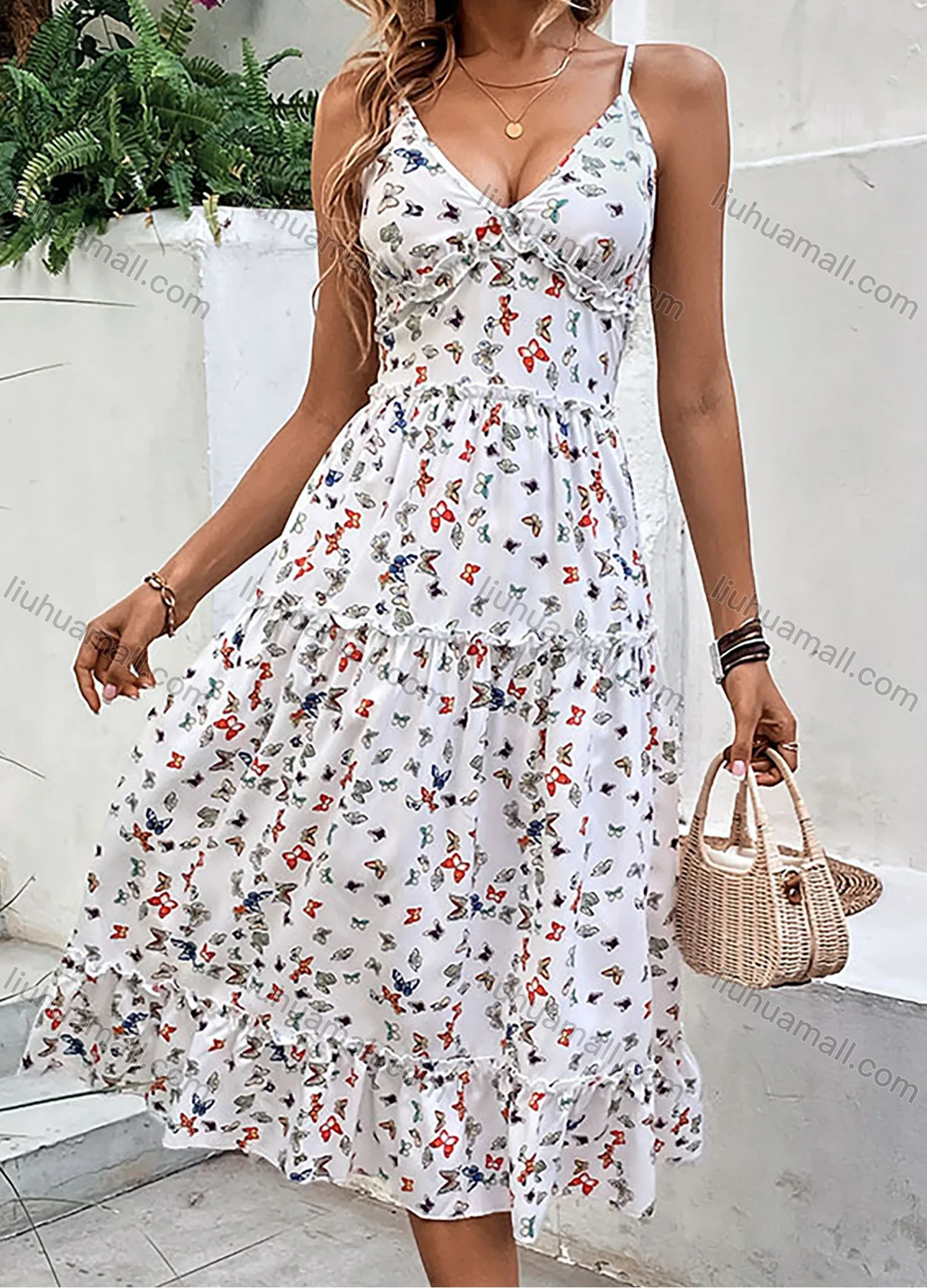 Wholesale Women's Casual Allover Butterfly Print Ruched Ruffle Trim Hem Midi Cami Dress - Liuhuamall