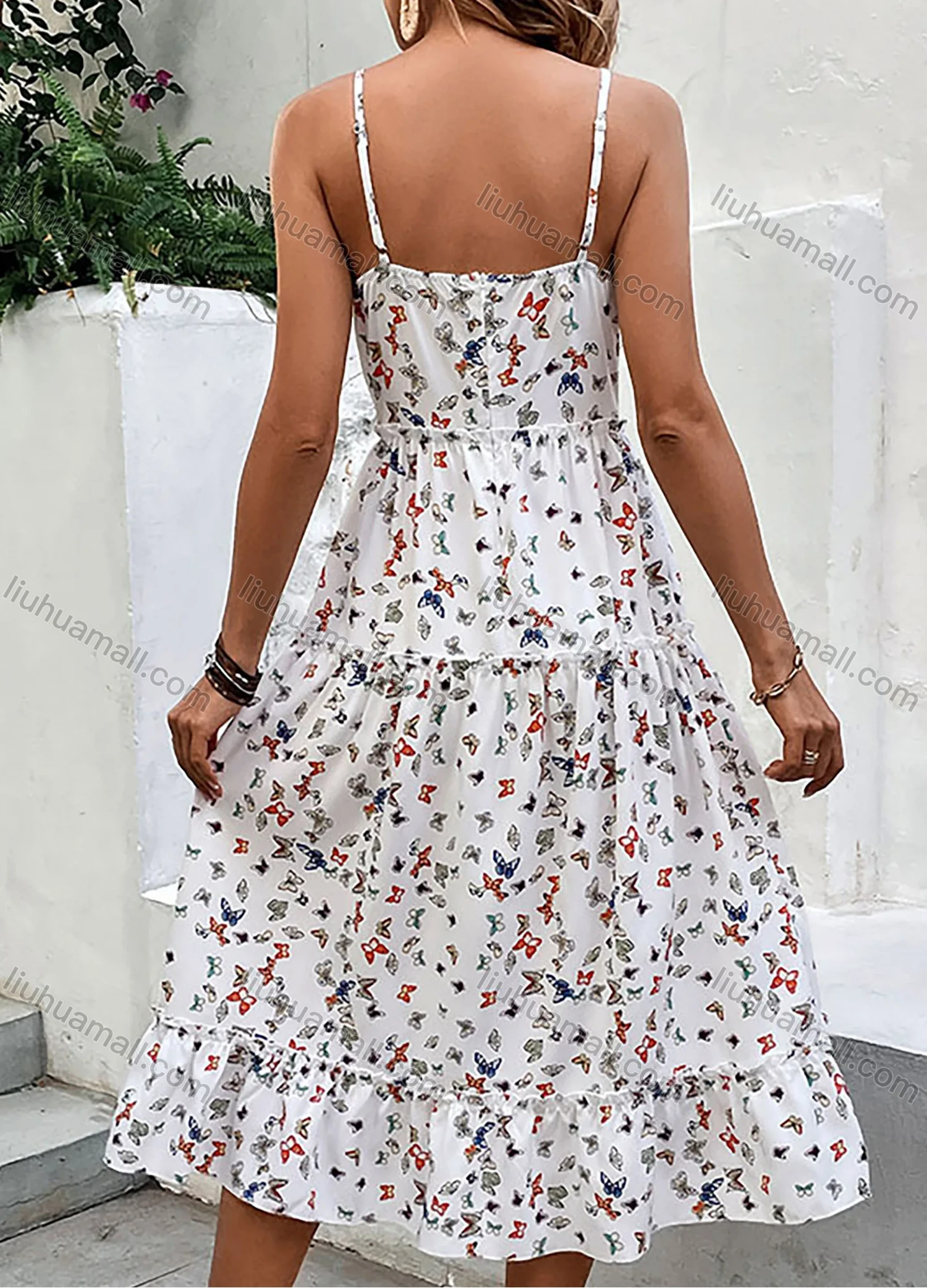 Wholesale Women's Casual Allover Butterfly Print Ruched Ruffle Trim Hem Midi Cami Dress - Liuhuamall