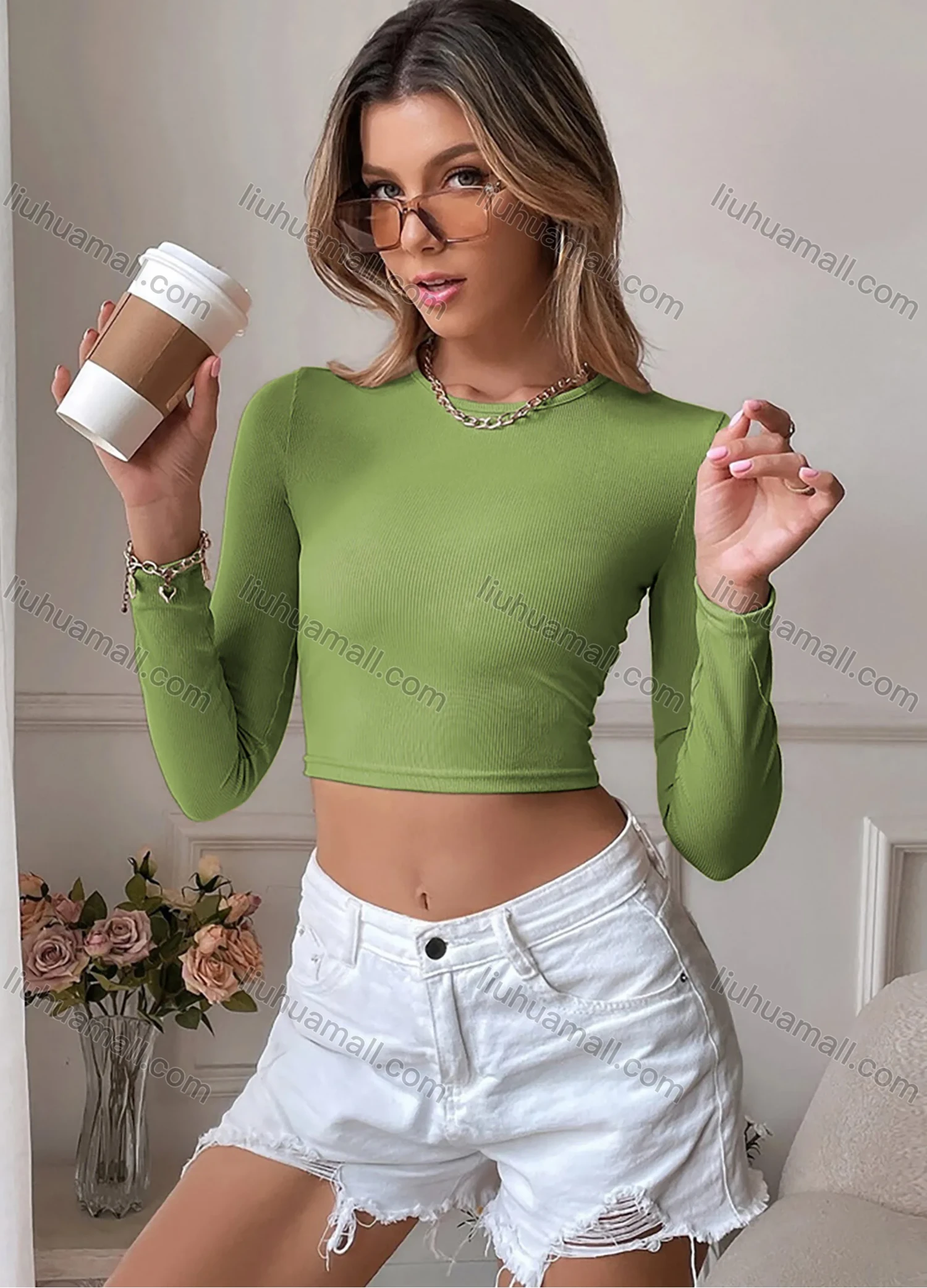 Wholesale Women's Casual Plain Crew Neck Long Sleeve Cutout Back Twist Slim Fit Knit Crop Tee - Liuhuamall