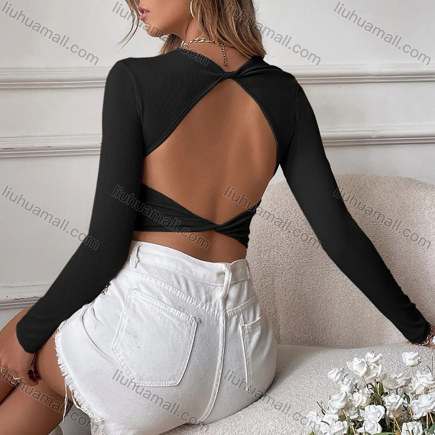 Wholesale Women's Casual Plain Crew Neck Long Sleeve Cutout Back Twist Slim Fit Knit Crop Tee - Liuhuamall