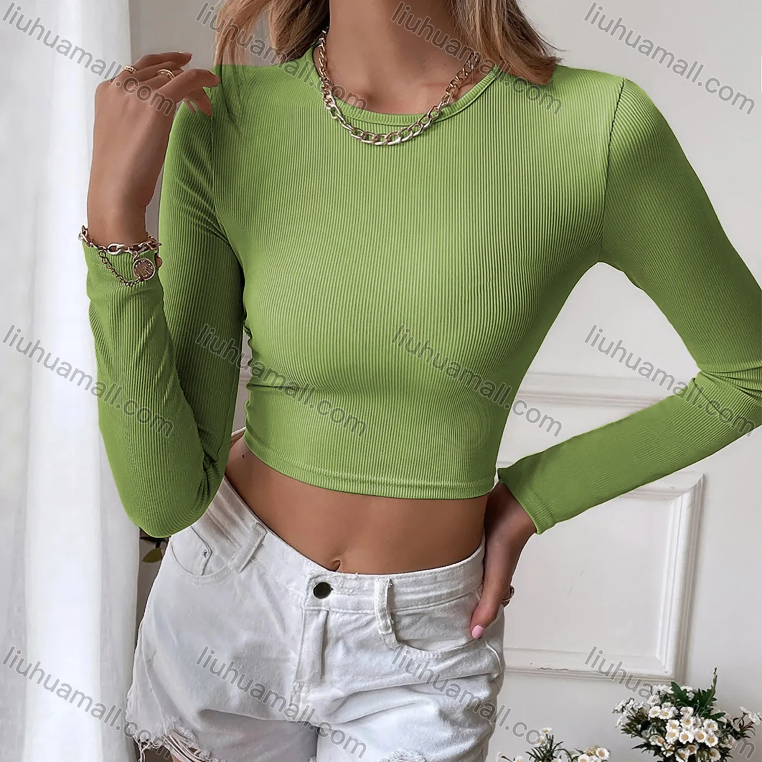 Wholesale Women's Casual Plain Crew Neck Long Sleeve Cutout Back Twist Slim Fit Knit Crop Tee - Liuhuamall