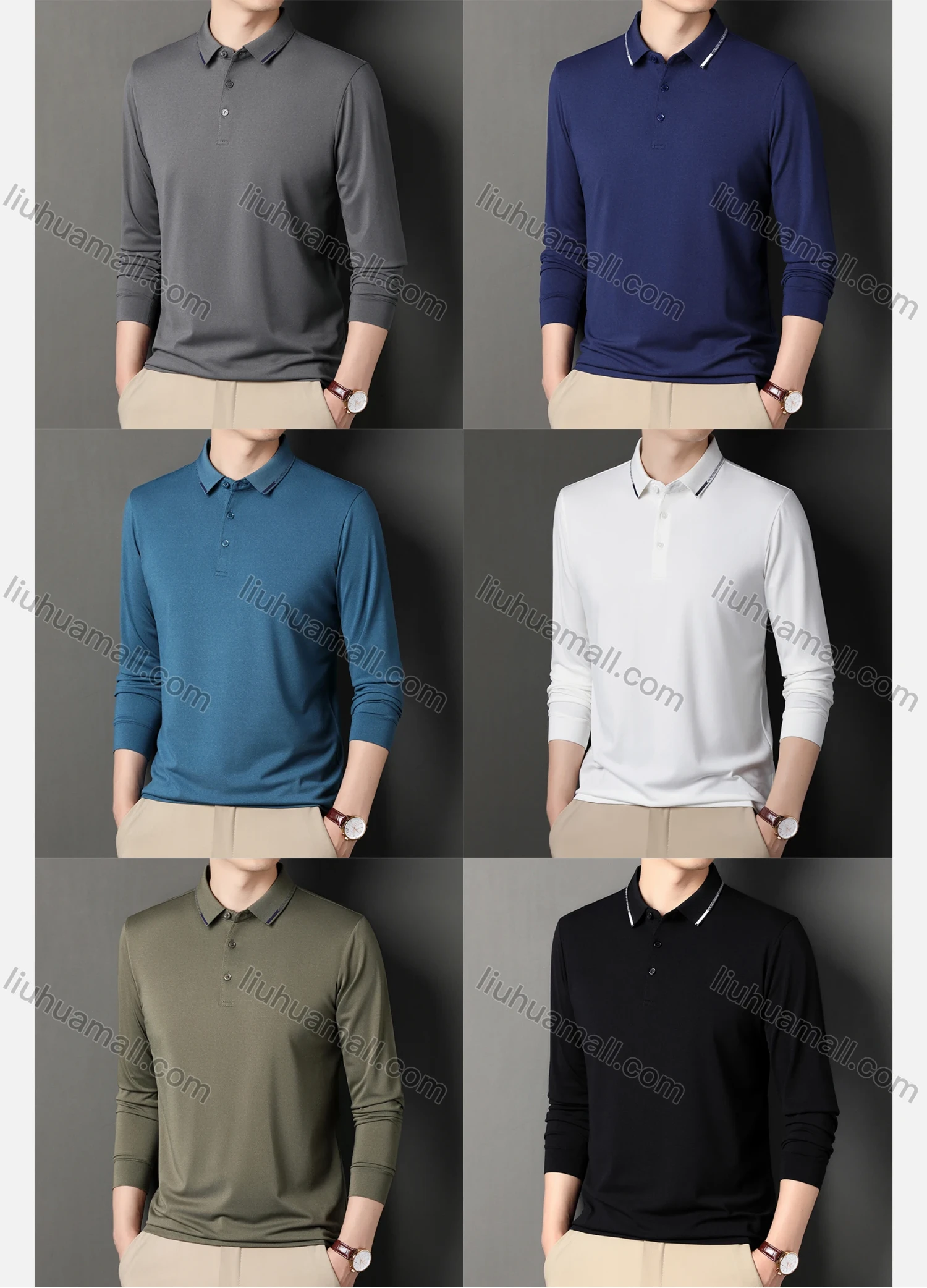 Wholesale Men's Casual Plain Long Sleeve Slim Fit Polo Shirt 2511# - Liuhuamall