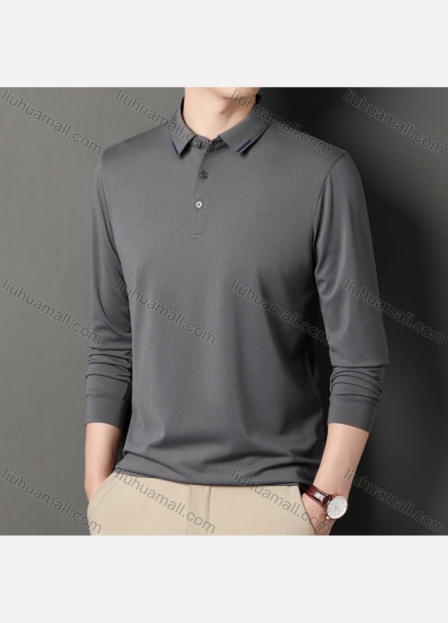 Wholesale Men's Casual Plain Long Sleeve Slim Fit Polo Shirt 2511# - Liuhuamall