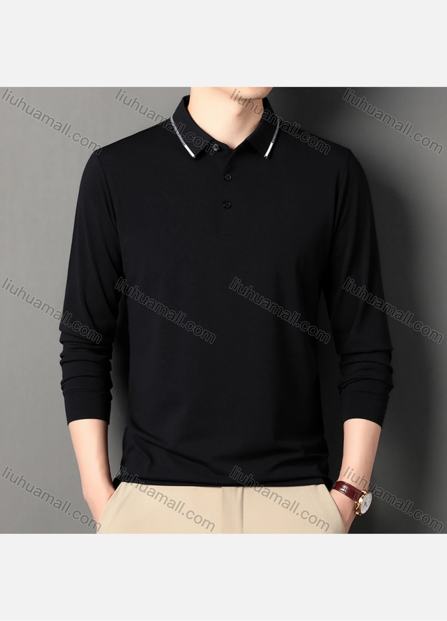 Wholesale Men's Casual Plain Long Sleeve Slim Fit Polo Shirt 2511# - Liuhuamall