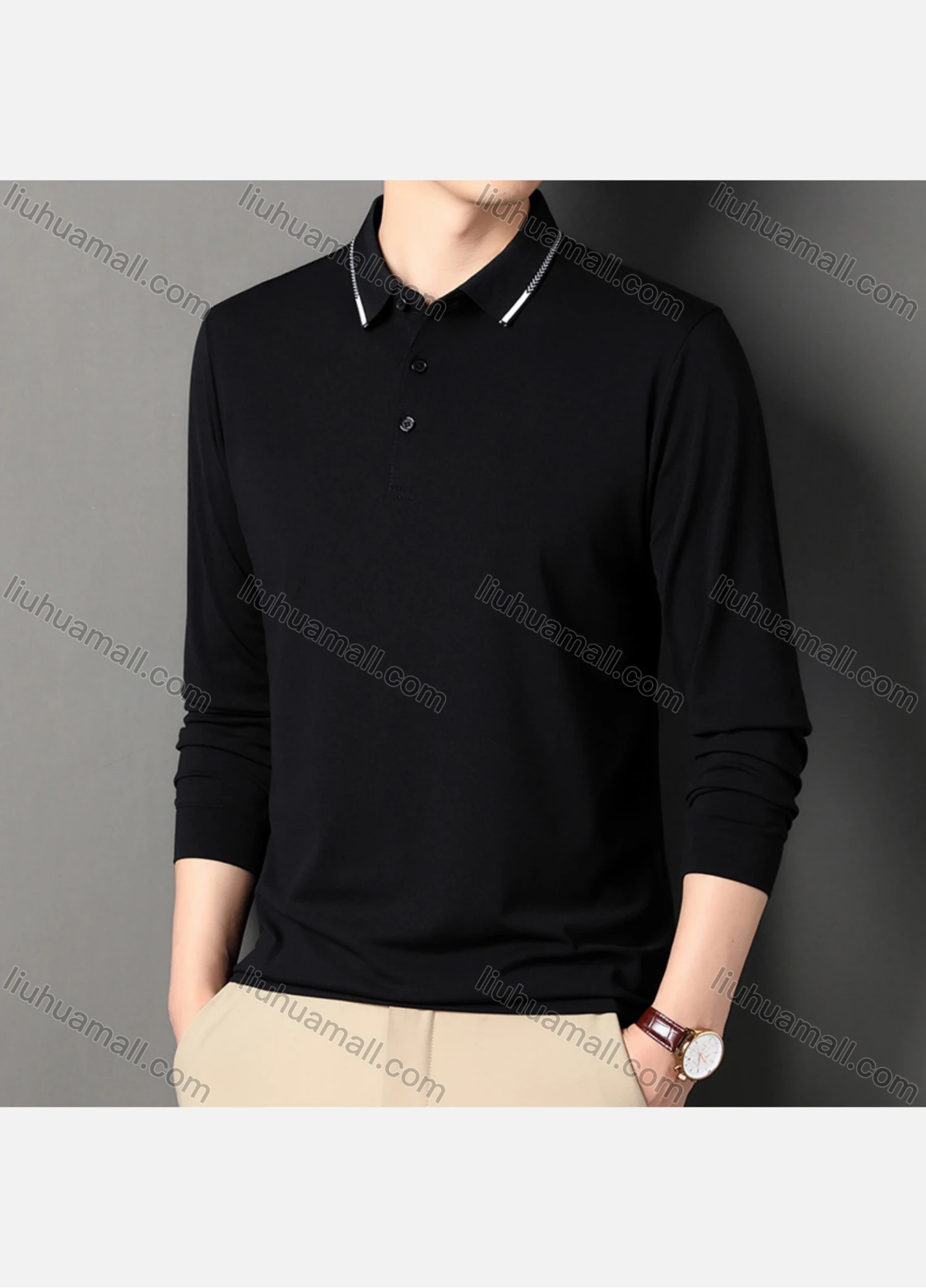 Wholesale Men's Casual Plain Long Sleeve Slim Fit Polo Shirt 2511# - Liuhuamall