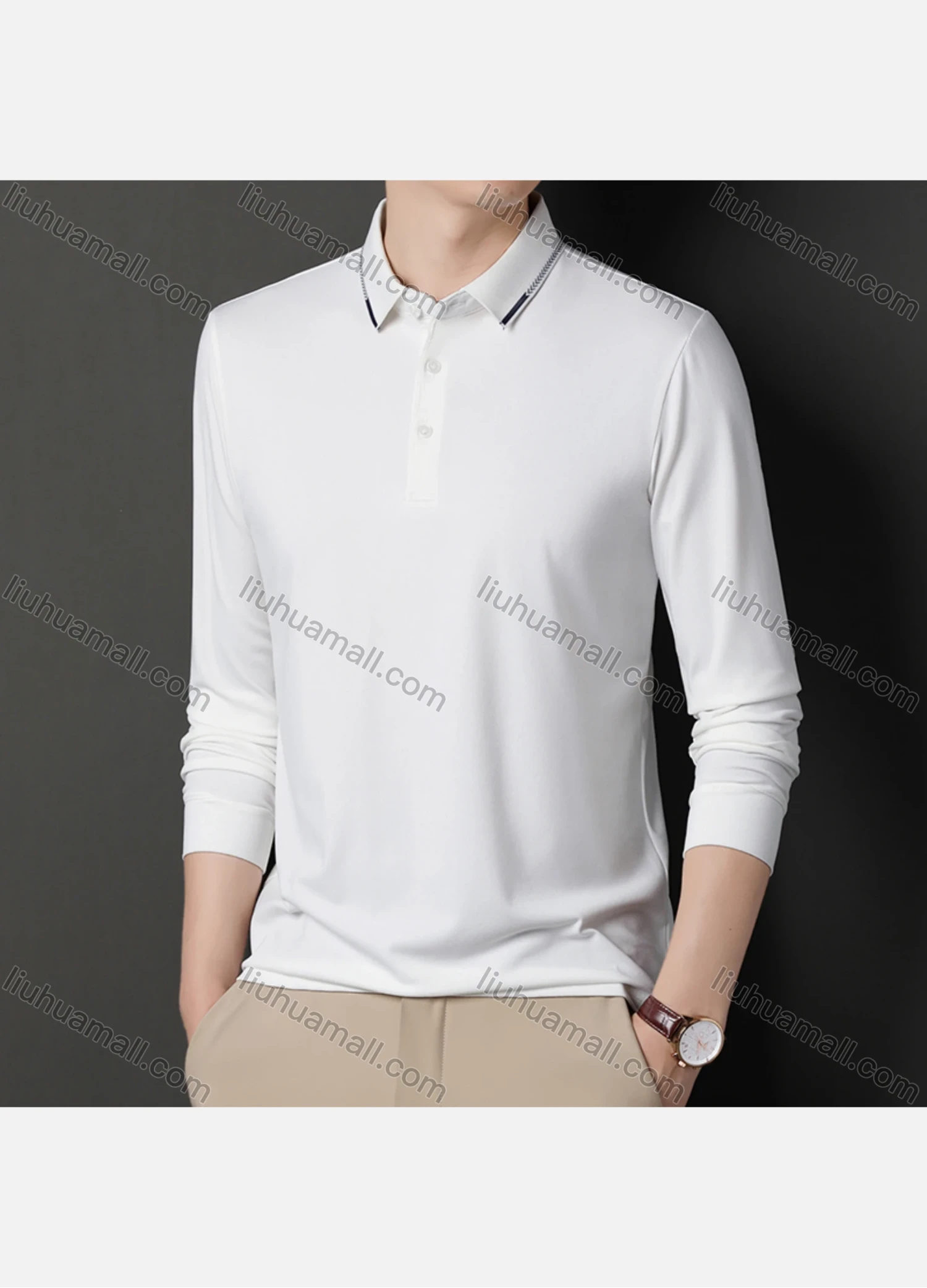 Wholesale Men's Casual Plain Long Sleeve Slim Fit Polo Shirt 2511# - Liuhuamall