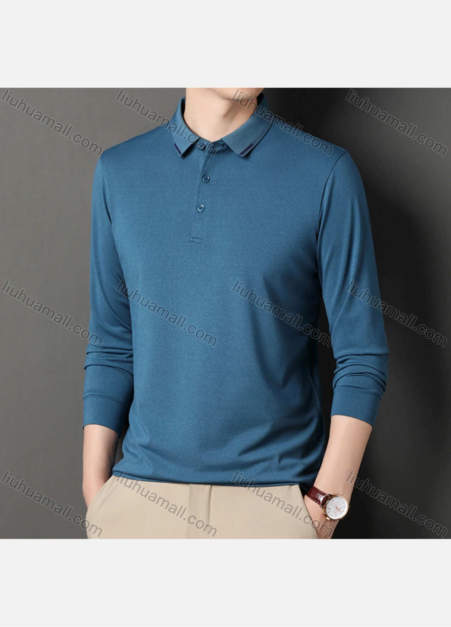 Wholesale Men's Casual Plain Long Sleeve Slim Fit Polo Shirt 2511# - Liuhuamall