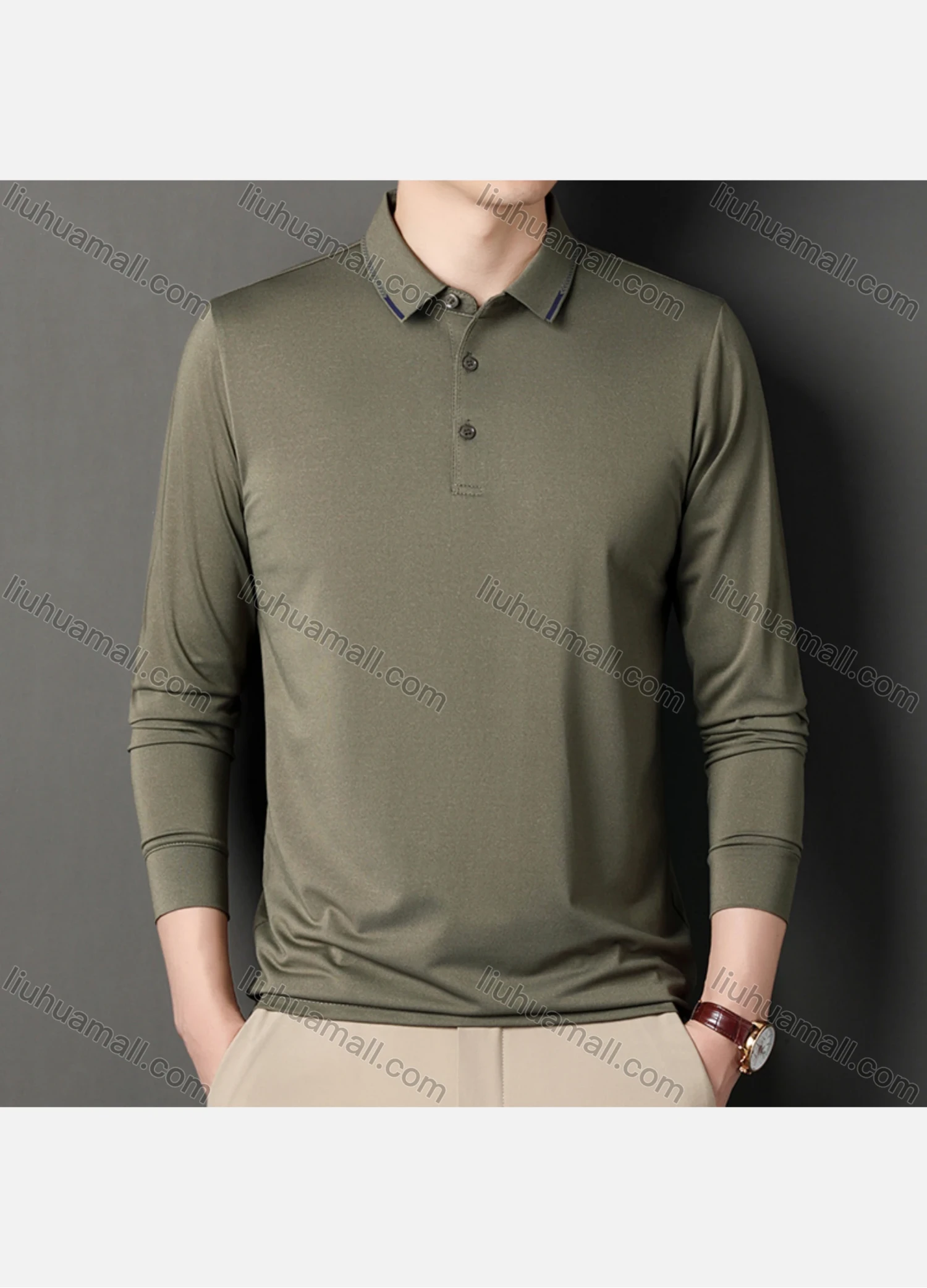 Wholesale Men's Casual Plain Long Sleeve Slim Fit Polo Shirt 2511# - Liuhuamall