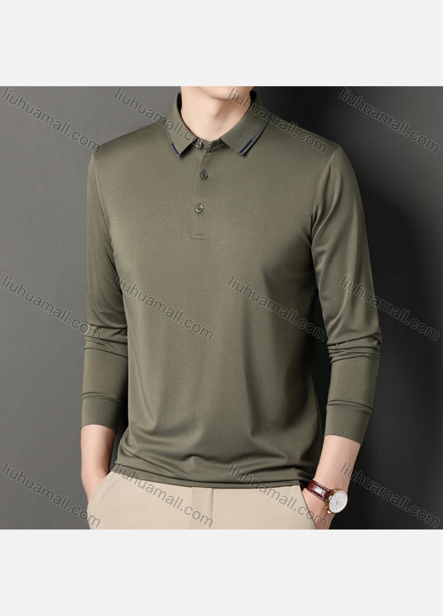 Wholesale Men's Casual Plain Long Sleeve Slim Fit Polo Shirt 2511# - Liuhuamall