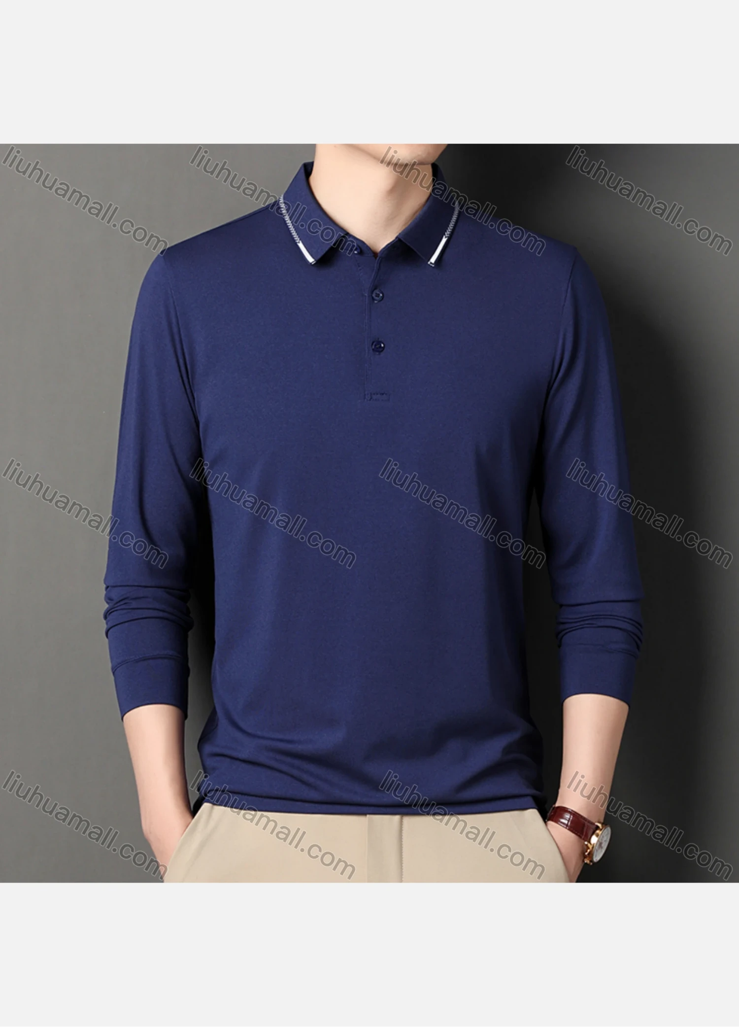 Wholesale Men's Casual Plain Long Sleeve Slim Fit Polo Shirt 2511# - Liuhuamall