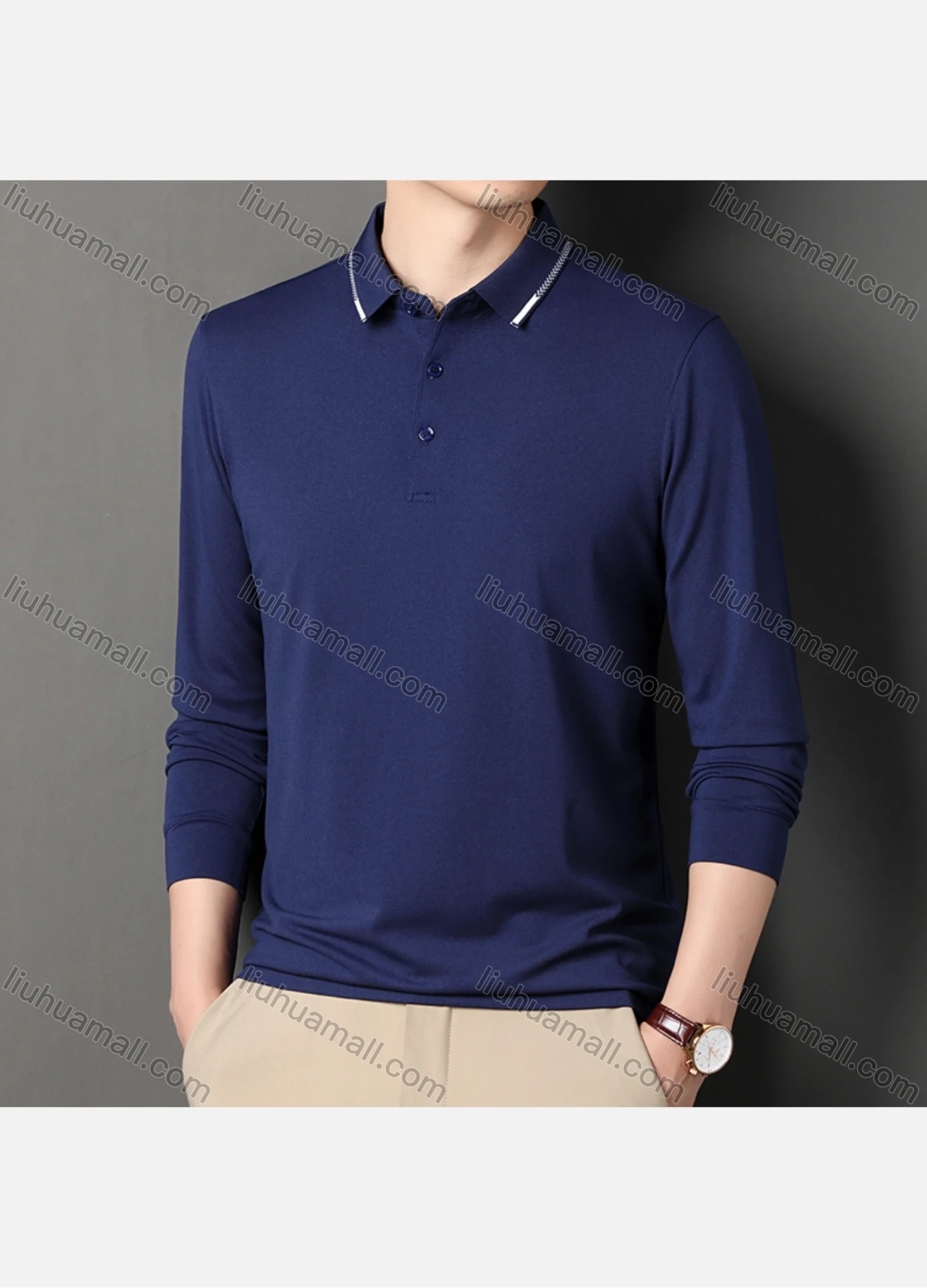 Wholesale Men's Casual Plain Long Sleeve Slim Fit Polo Shirt 2511# - Liuhuamall
