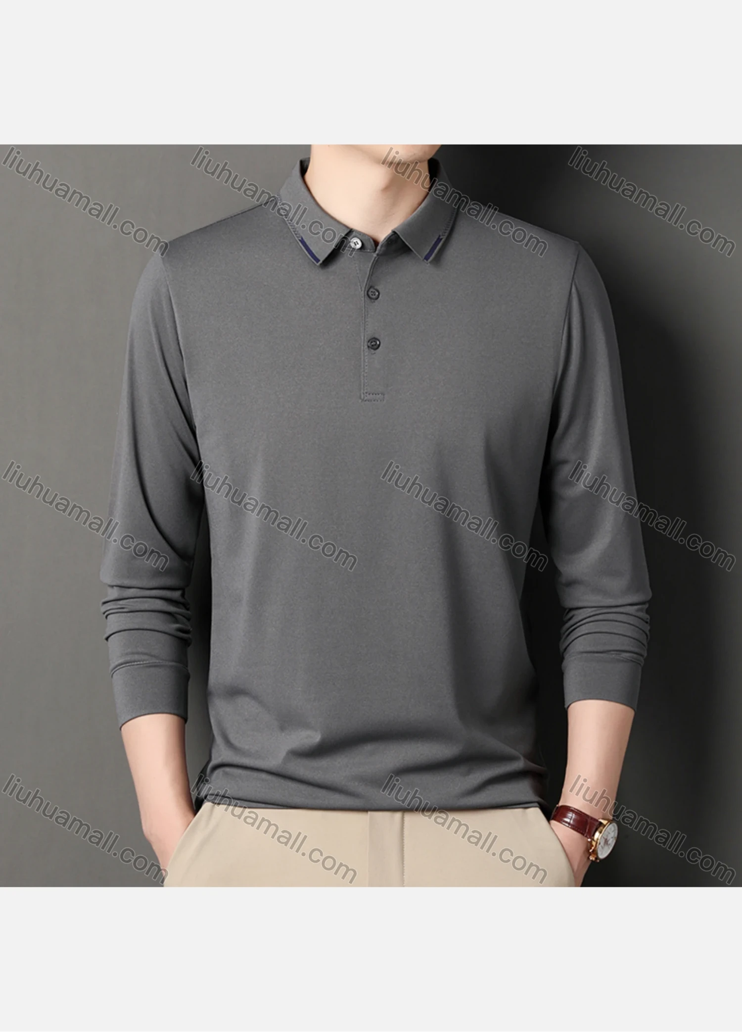 Wholesale Men's Casual Plain Long Sleeve Slim Fit Polo Shirt 2511# - Liuhuamall