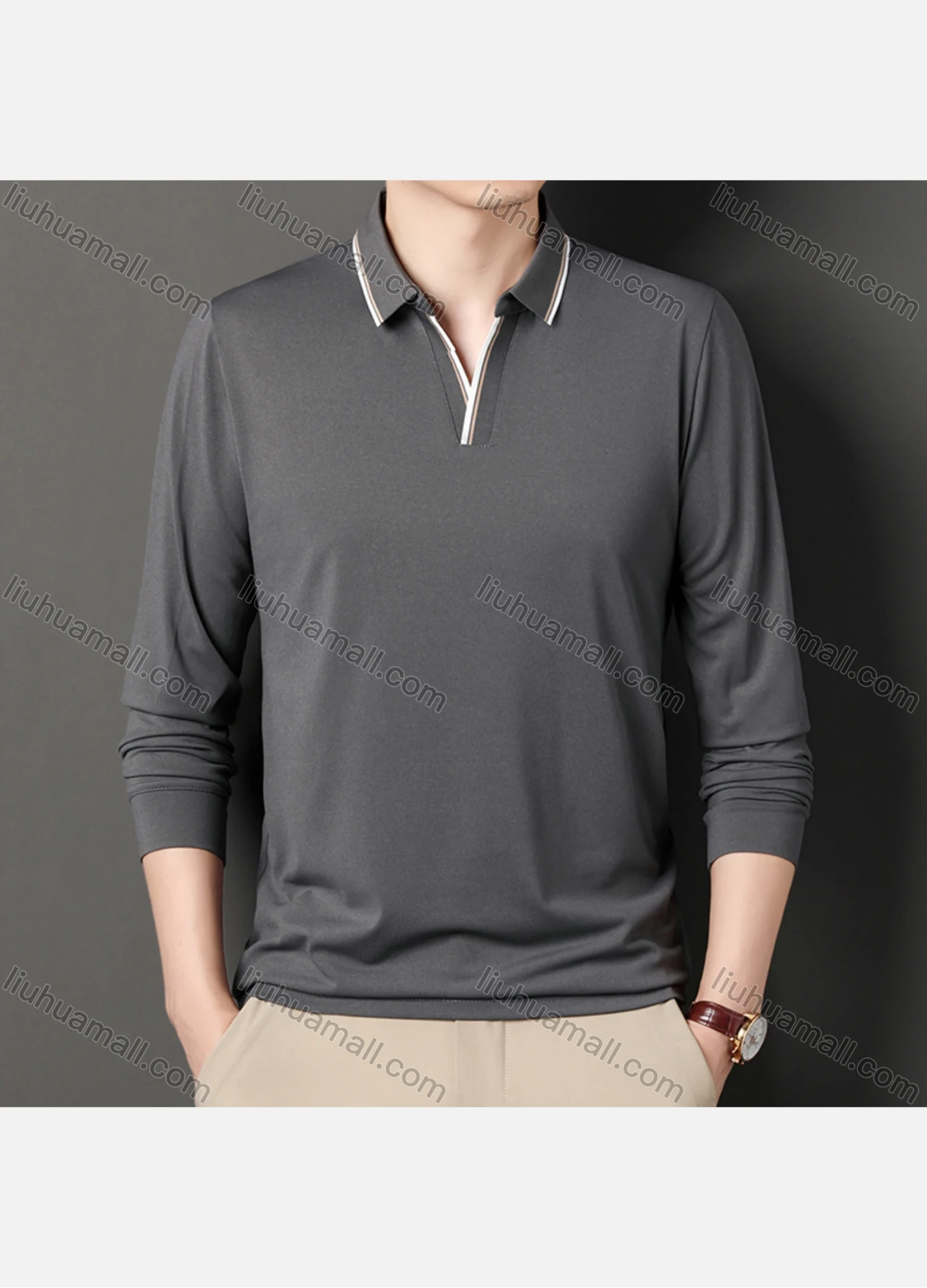 Wholesale Men's Casual Plain Notched Long Sleeve Ice Silk Striped Trim Henley Shirt 2512# - Liuhuamall