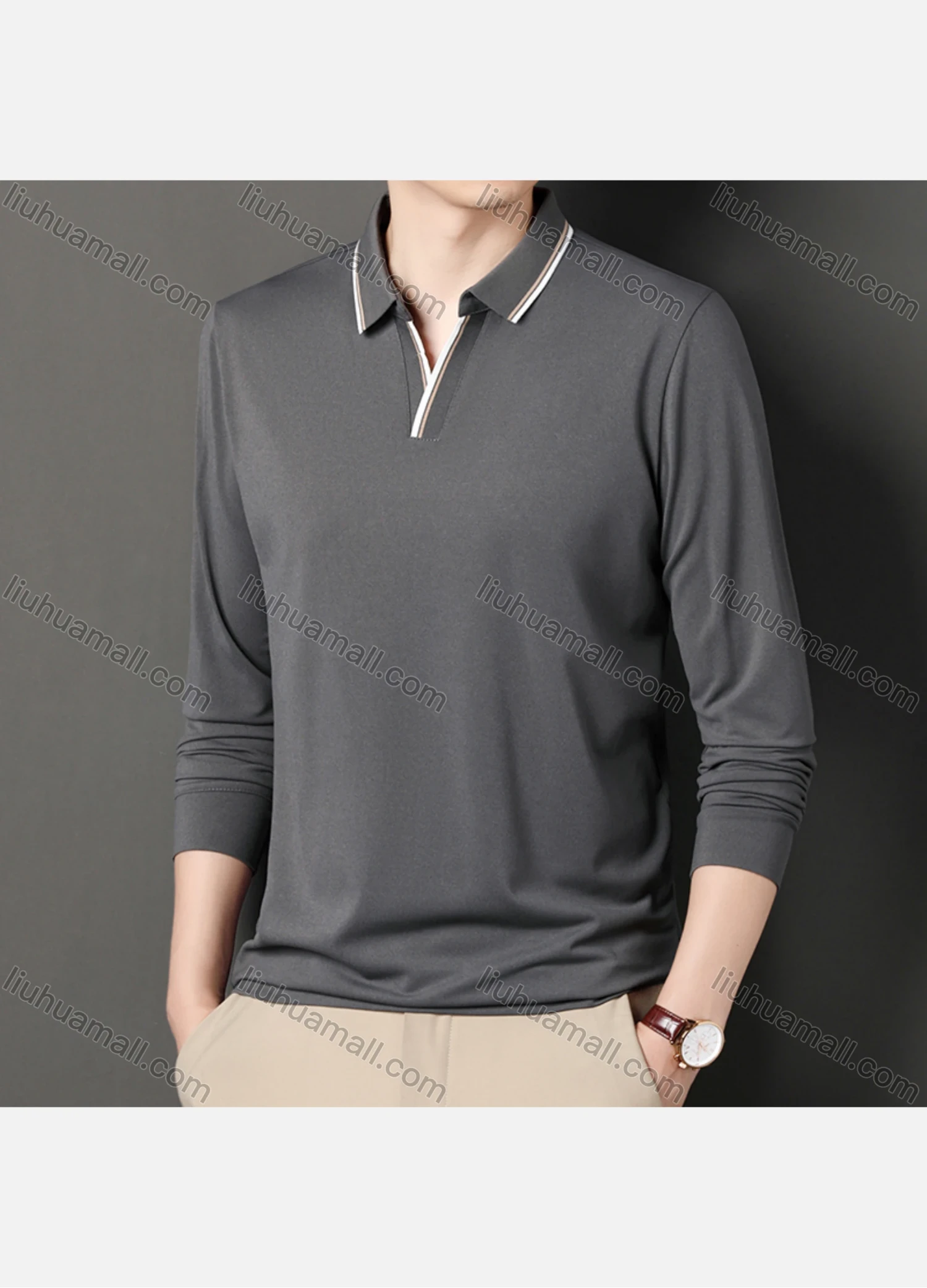 Wholesale Men's Casual Plain Notched Long Sleeve Ice Silk Striped Trim Henley Shirt 2512# - Liuhuamall