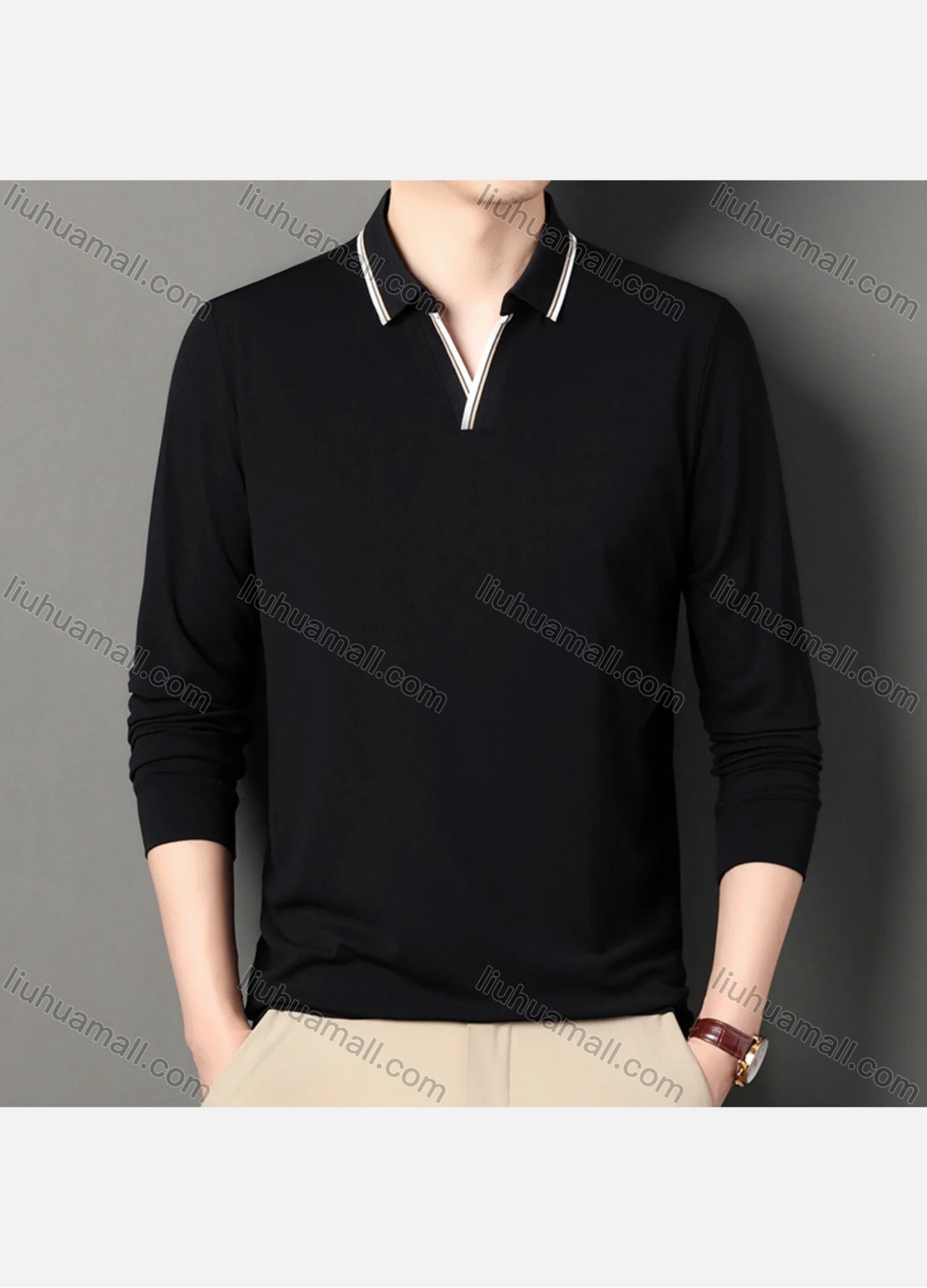 Wholesale Men's Casual Plain Notched Long Sleeve Ice Silk Striped Trim Henley Shirt 2512# - Liuhuamall