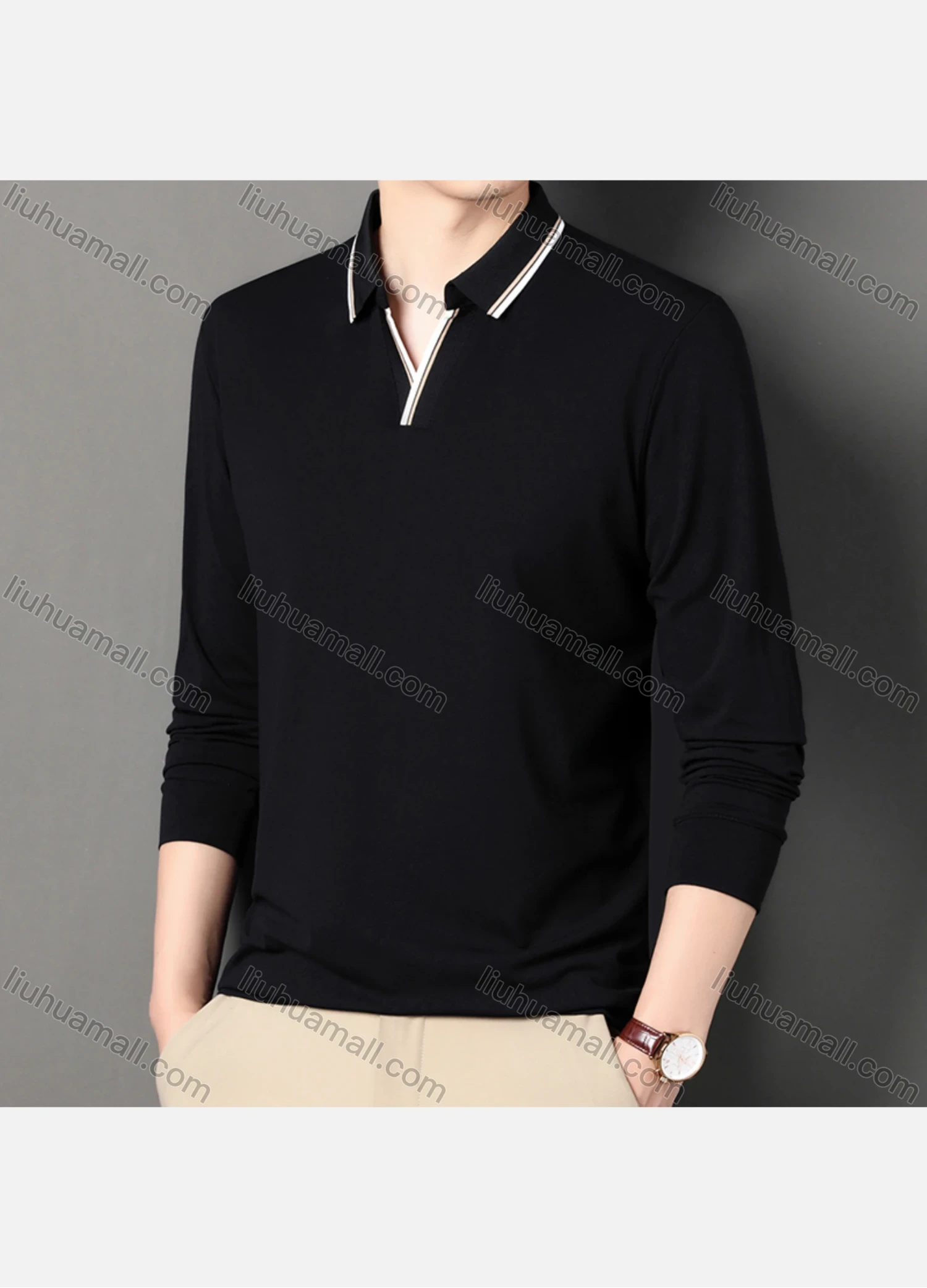 Wholesale Men's Casual Plain Notched Long Sleeve Ice Silk Striped Trim Henley Shirt 2512# - Liuhuamall