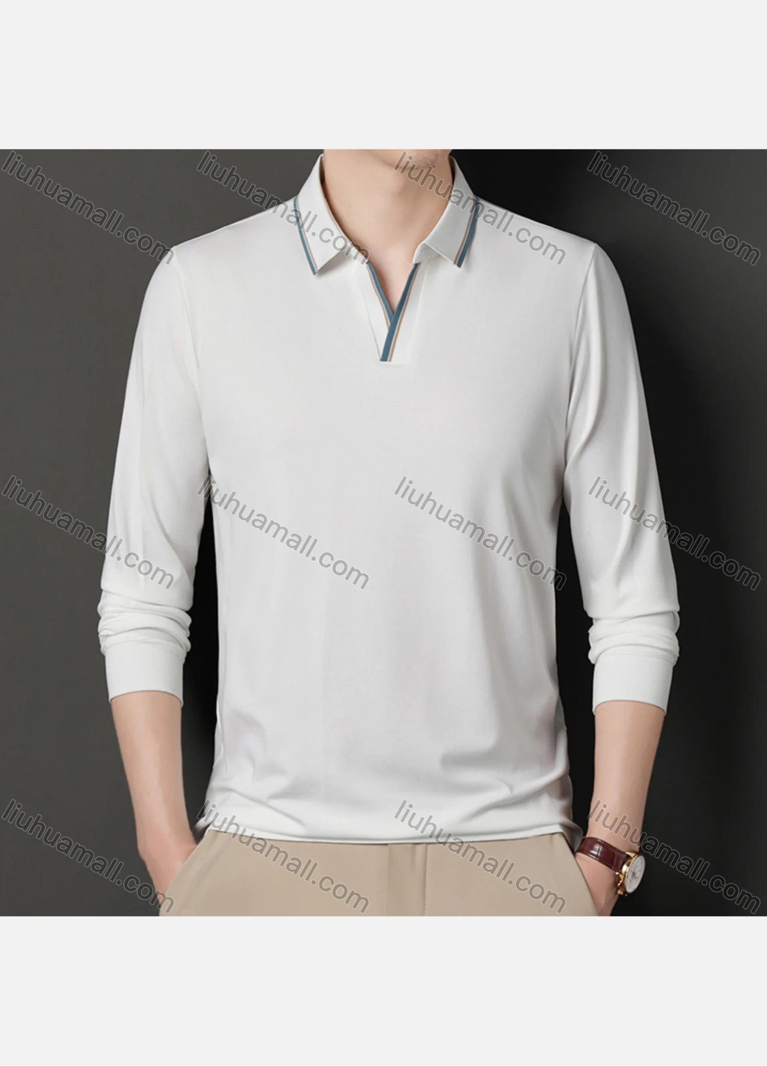 Wholesale Men's Casual Plain Notched Long Sleeve Ice Silk Striped Trim Henley Shirt 2512# - Liuhuamall