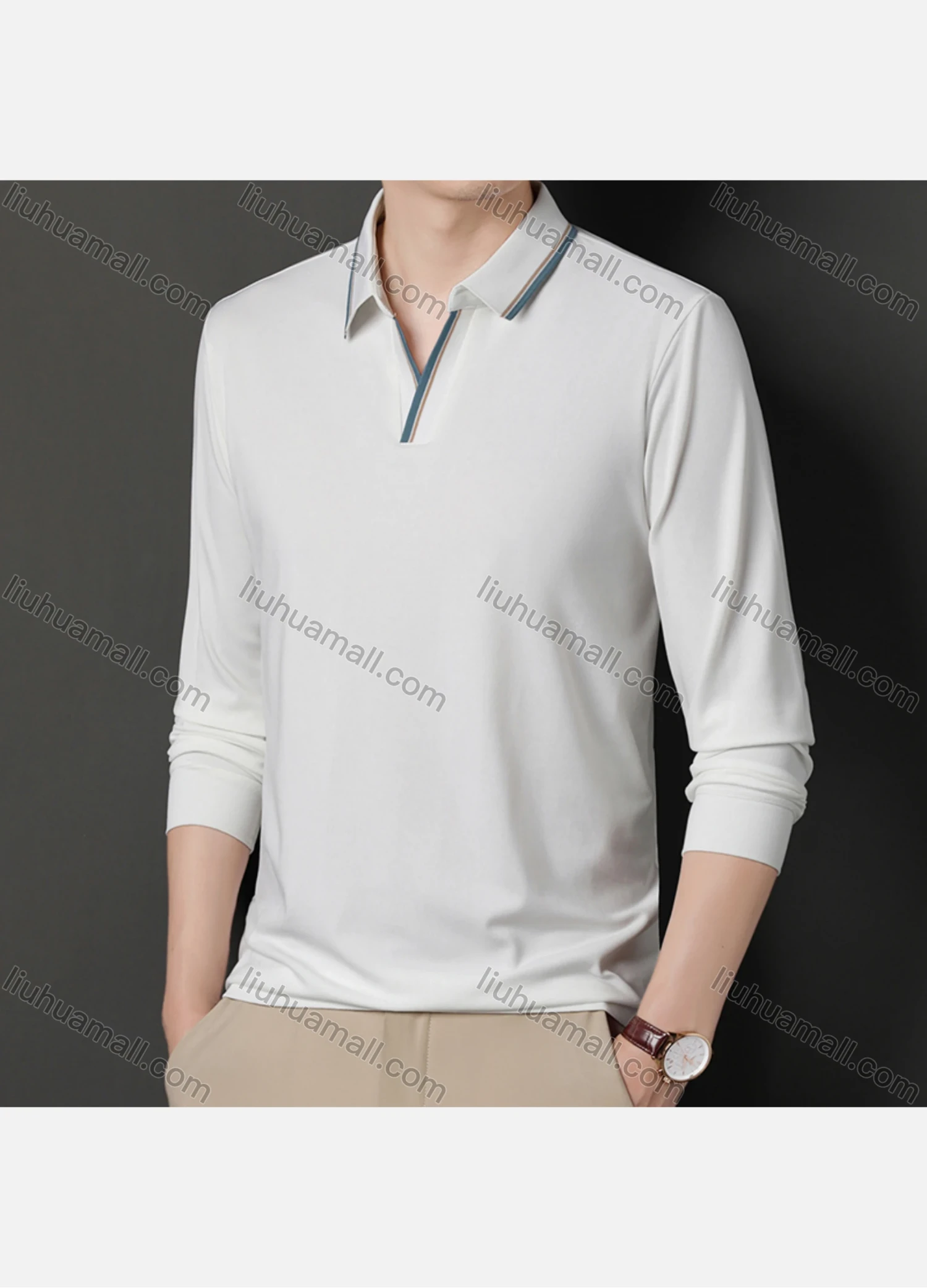 Wholesale Men's Casual Plain Notched Long Sleeve Ice Silk Striped Trim Henley Shirt 2512# - Liuhuamall