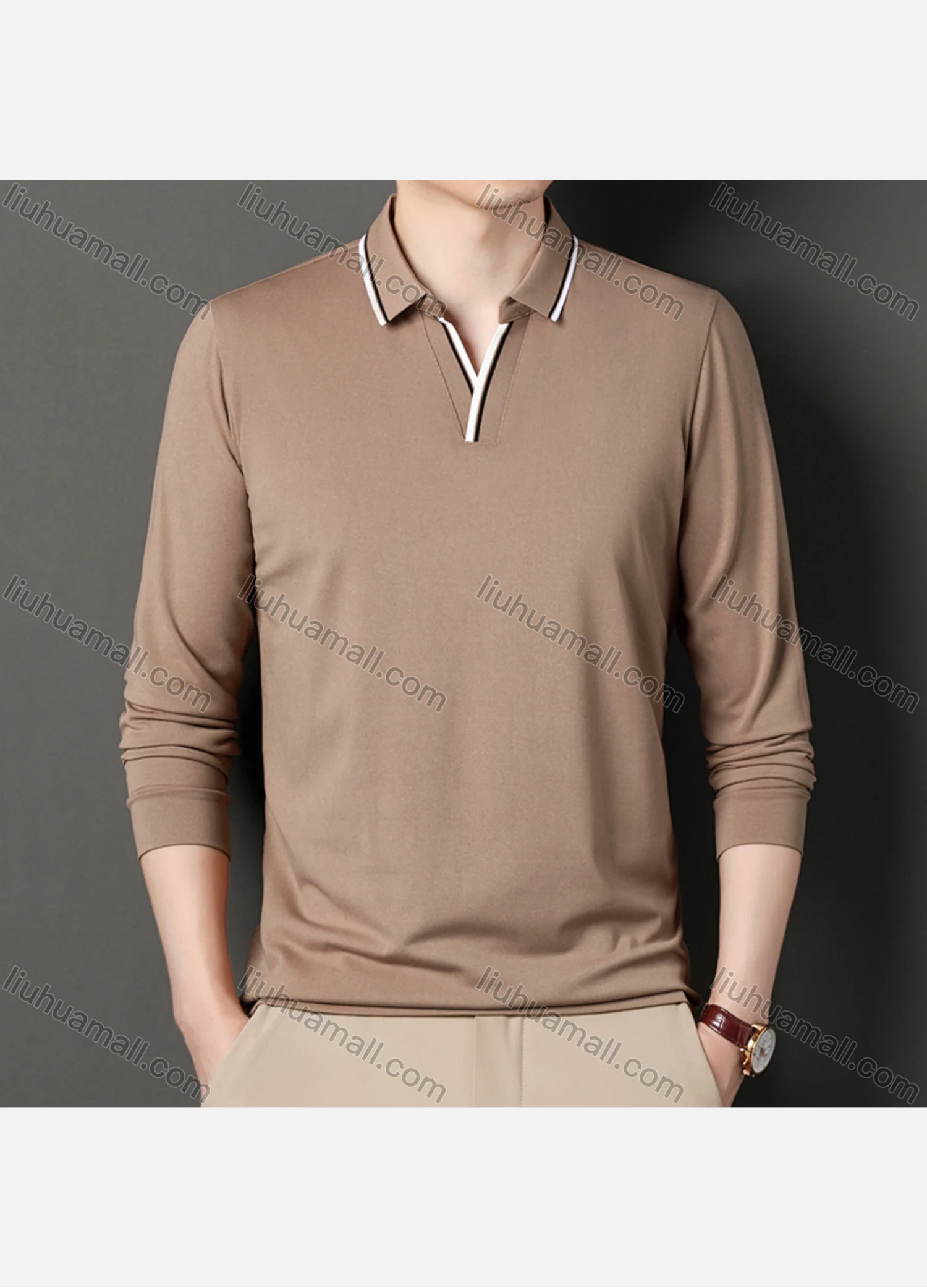 Wholesale Men's Casual Plain Notched Long Sleeve Ice Silk Striped Trim Henley Shirt 2512# - Liuhuamall