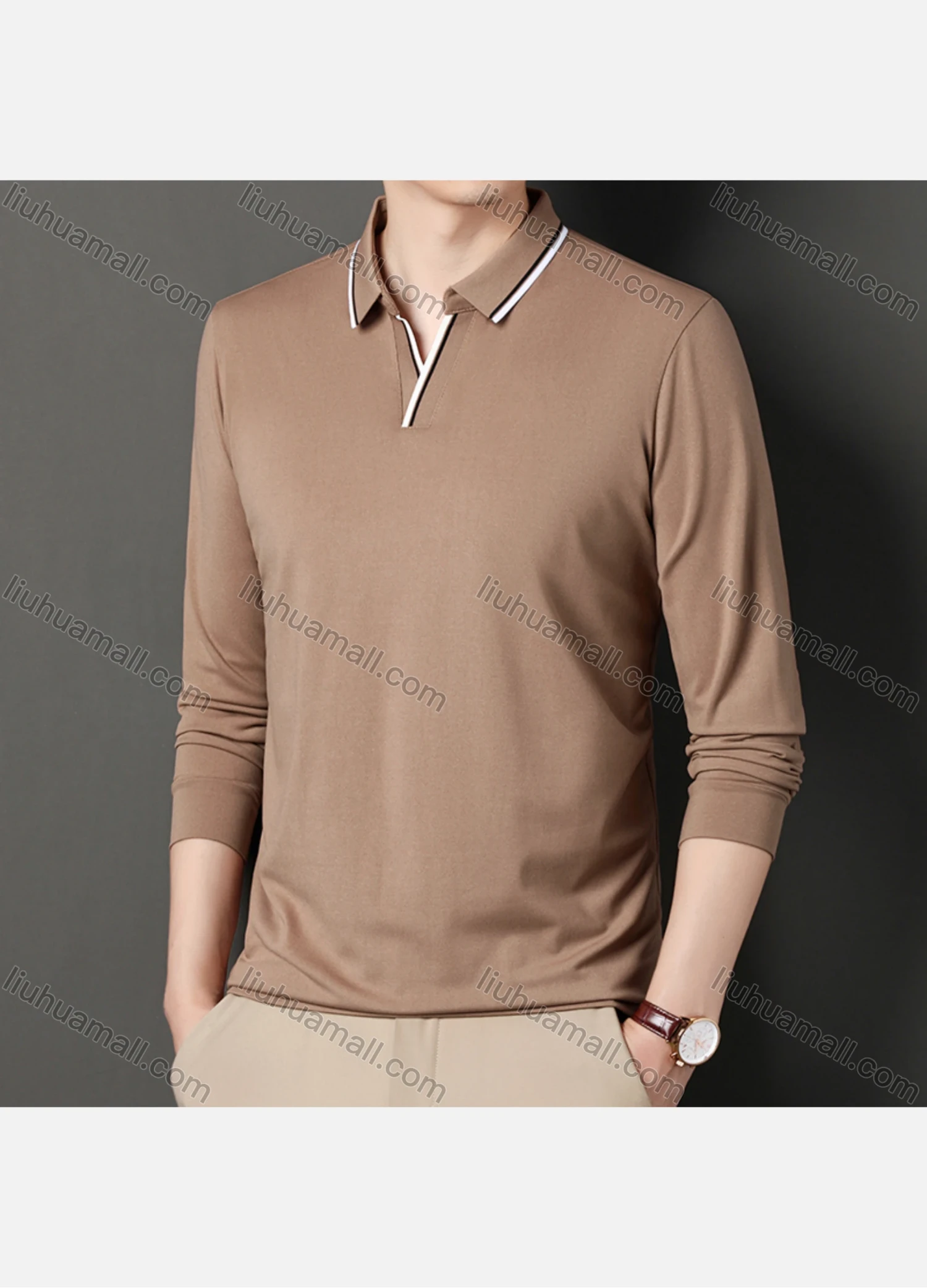 Wholesale Men's Casual Plain Notched Long Sleeve Ice Silk Striped Trim Henley Shirt 2512# - Liuhuamall