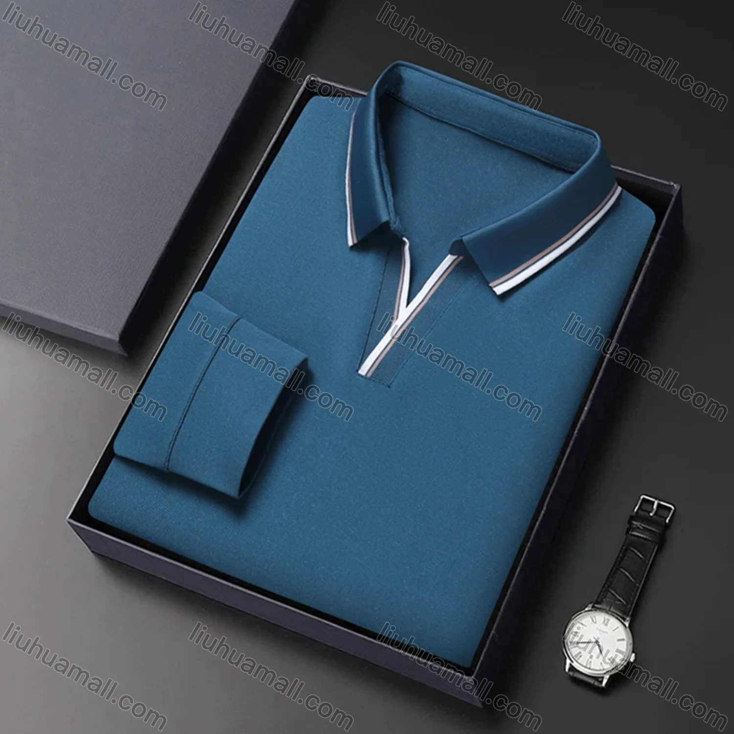 Wholesale Men's Casual Plain Notched Long Sleeve Ice Silk Striped Trim Henley Shirt 2512# - Liuhuamall